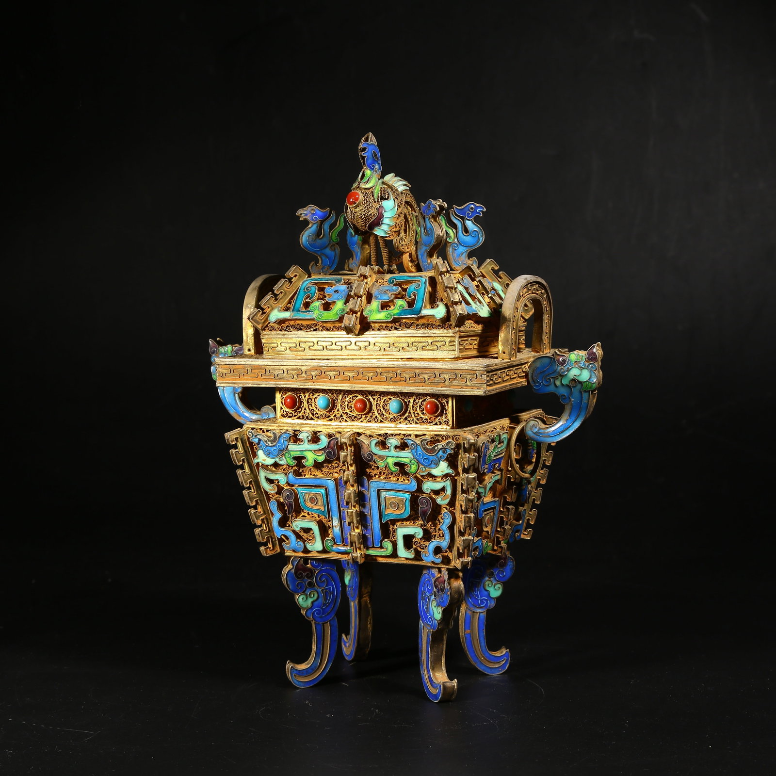 A GILDED SILVER FILIGREE CLOISONNÉ FANGDING-STYLE INCENSE BURNER WITH BEAST-MASK MOTIFS (1 of 9)