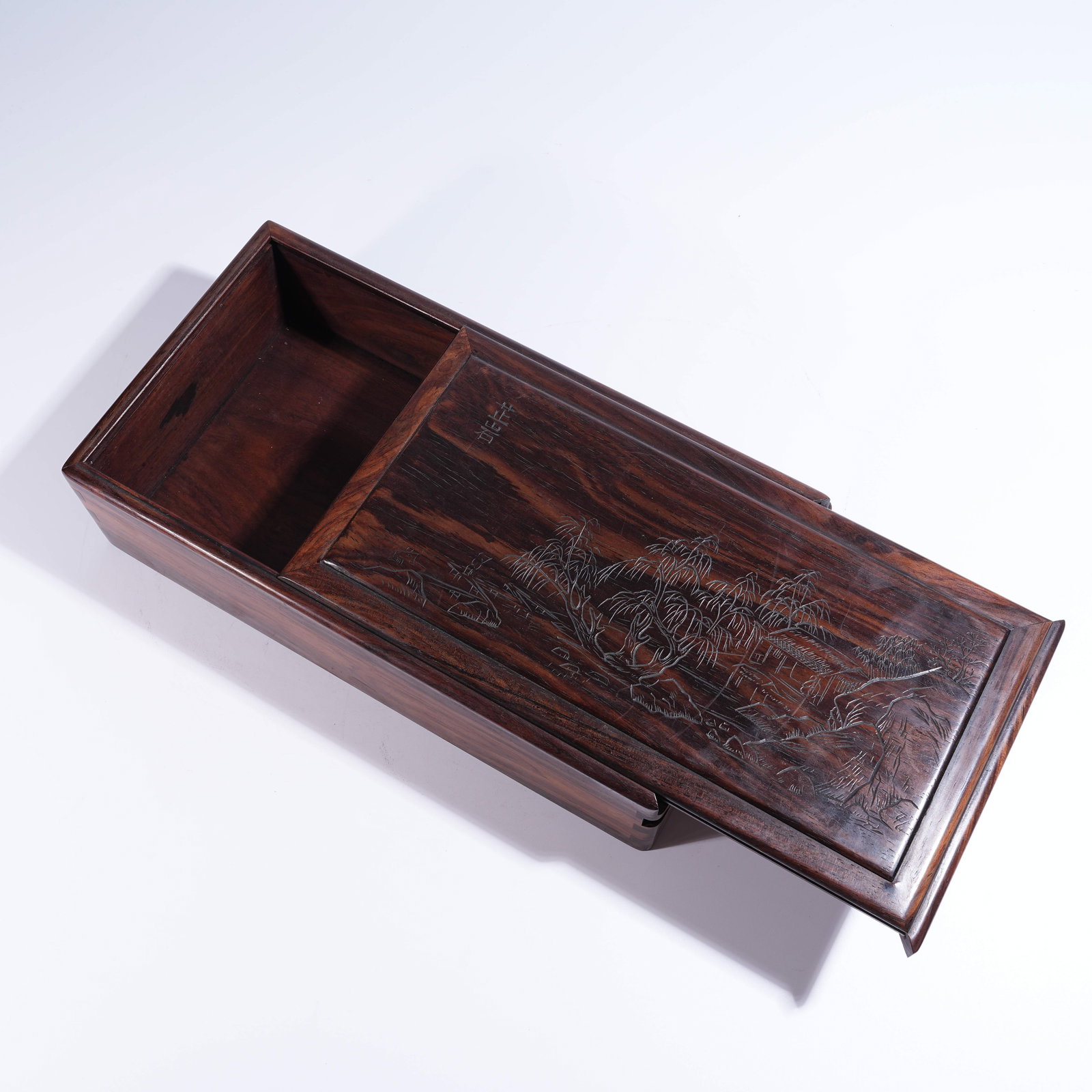 A ZITAN COVERED BOX WITH LANDSCAPE MOTIFS: Zitan Covered Box with Landscape Motifs