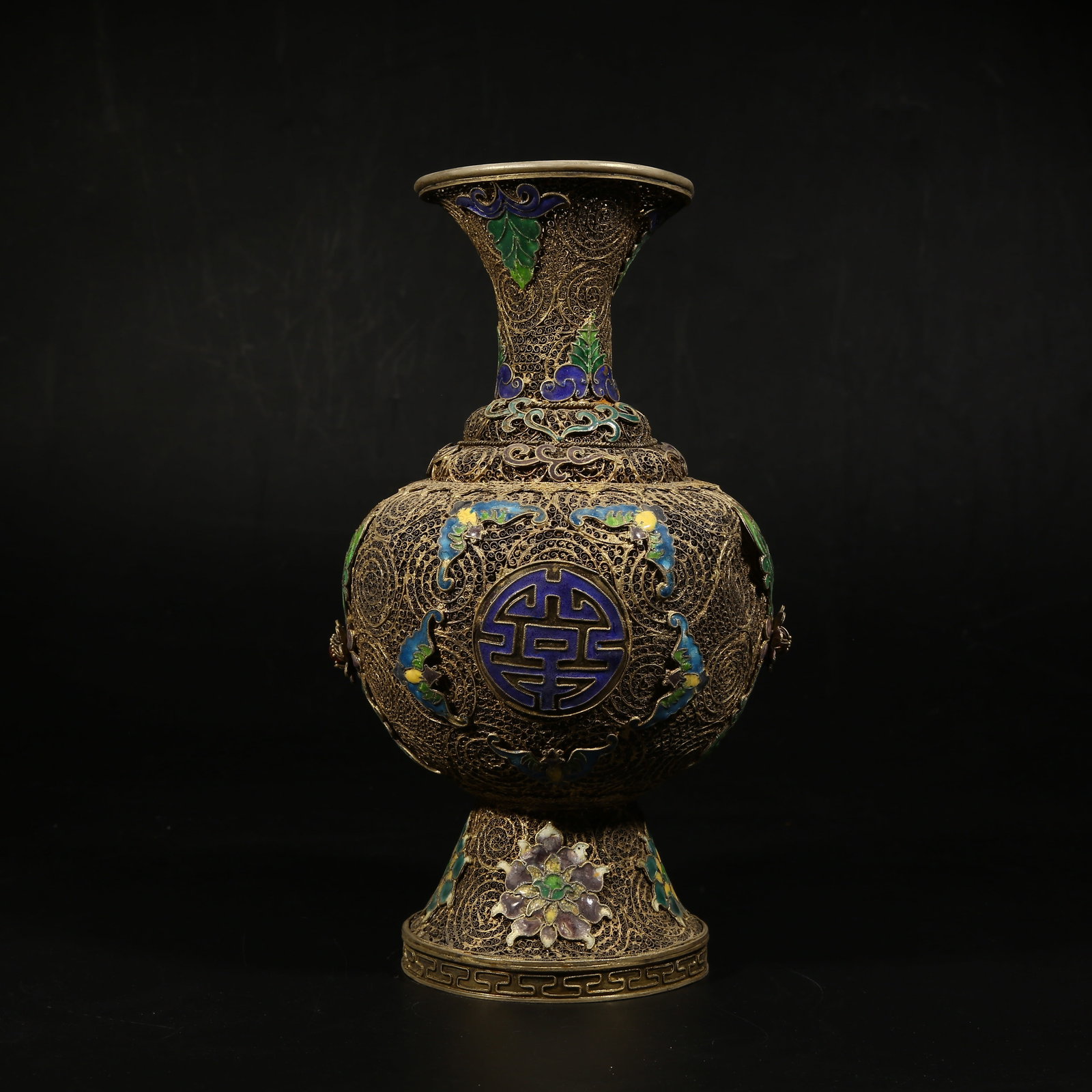 A GILDED SILVER FILIGREE CLOISONNÉ VASE WITH FIVE BATS AND LONGEVITY SYMBOL: Gilded silver filigree cloisonné vase with five bats and longevity symbol
