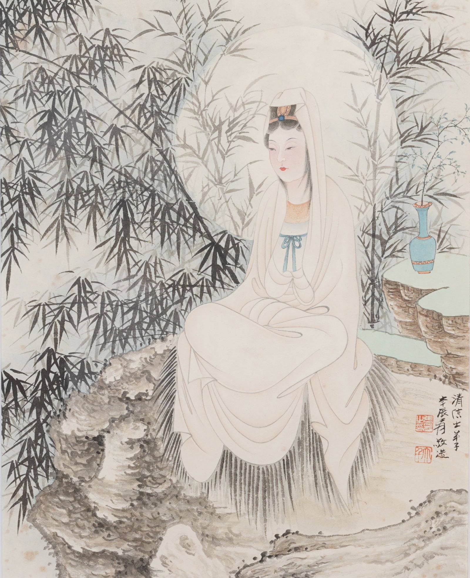 A GUANYIN ON PAPER BY ZHANG DAQIAN (FRAMED).張大千: Guanyin on Paper by Zhang Daqian (framed).張大千