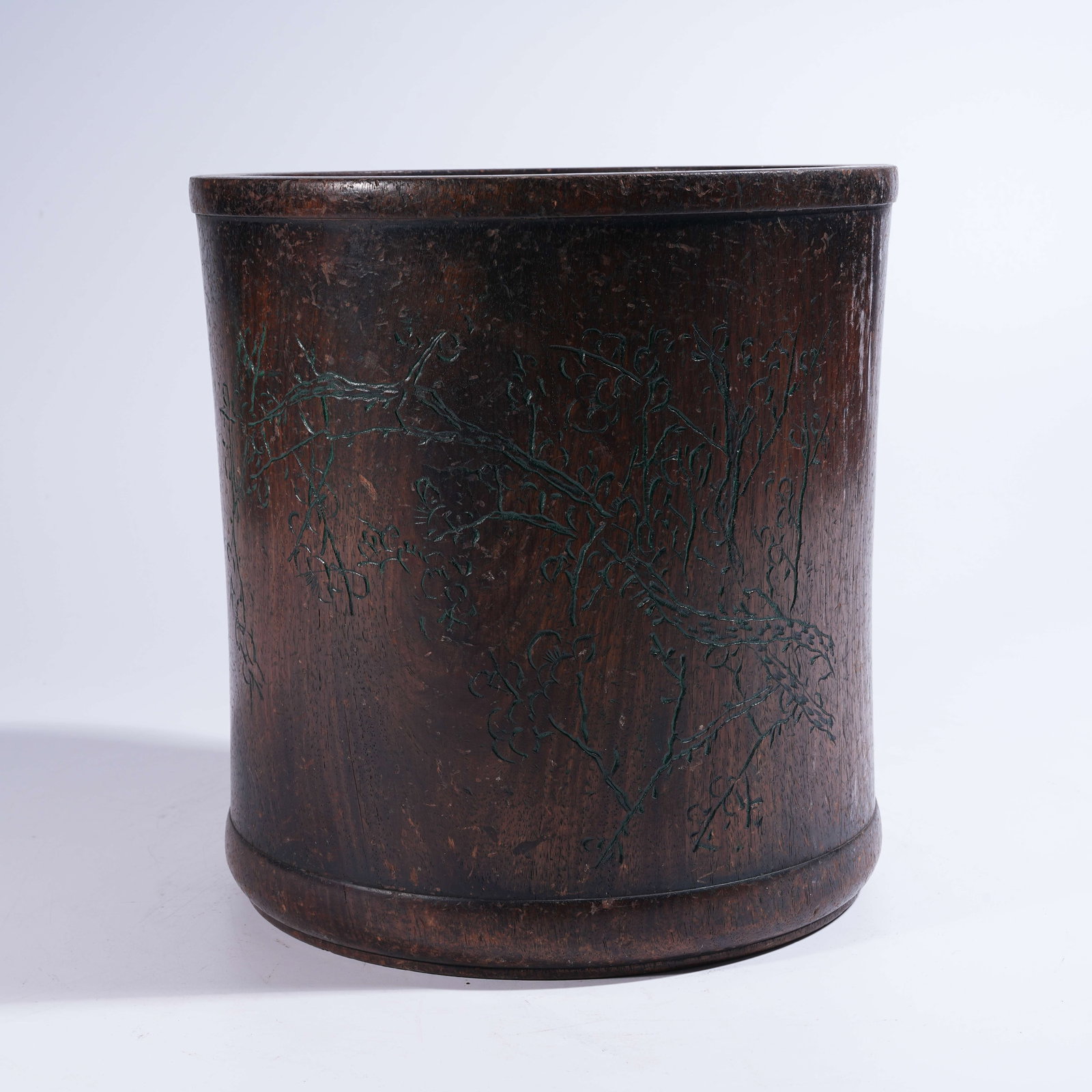 A ZITAN LARGE BRUSH POT WITH POLYCHROME FLORAL MOTIFS (1 of 9)