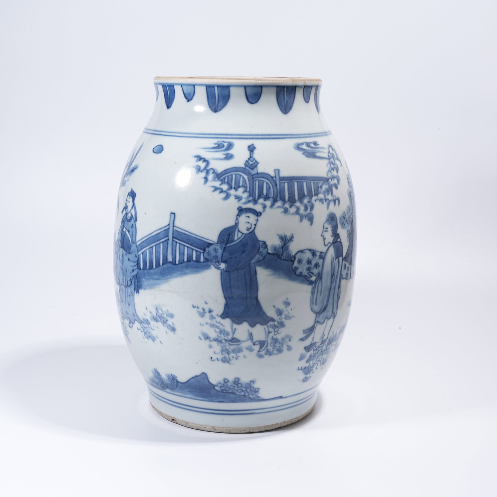 A BLUE AND WHITE LOTUS SEED JAR WITH VISITING FRIEND PATTERN: Blue and White Lotus Seed Jar with Visiting Friend Pattern