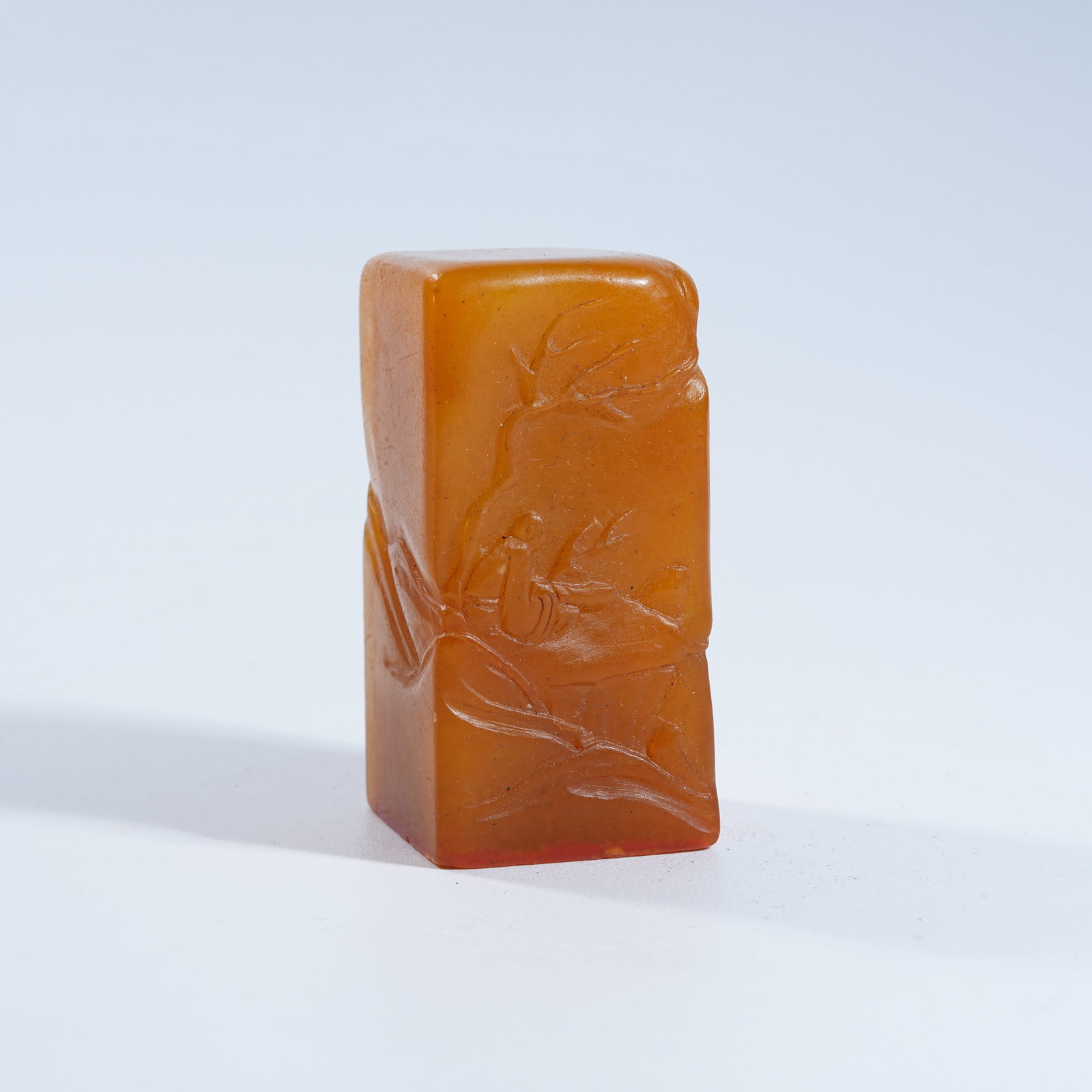 A SHOUSHAN TIANHUANG STONE SEAL WITH ELEGANT GATHERING UNDER PINE DESIGN: Shoushan Tianhuang Stone Seal with Elegant Gathering Under Pine Design