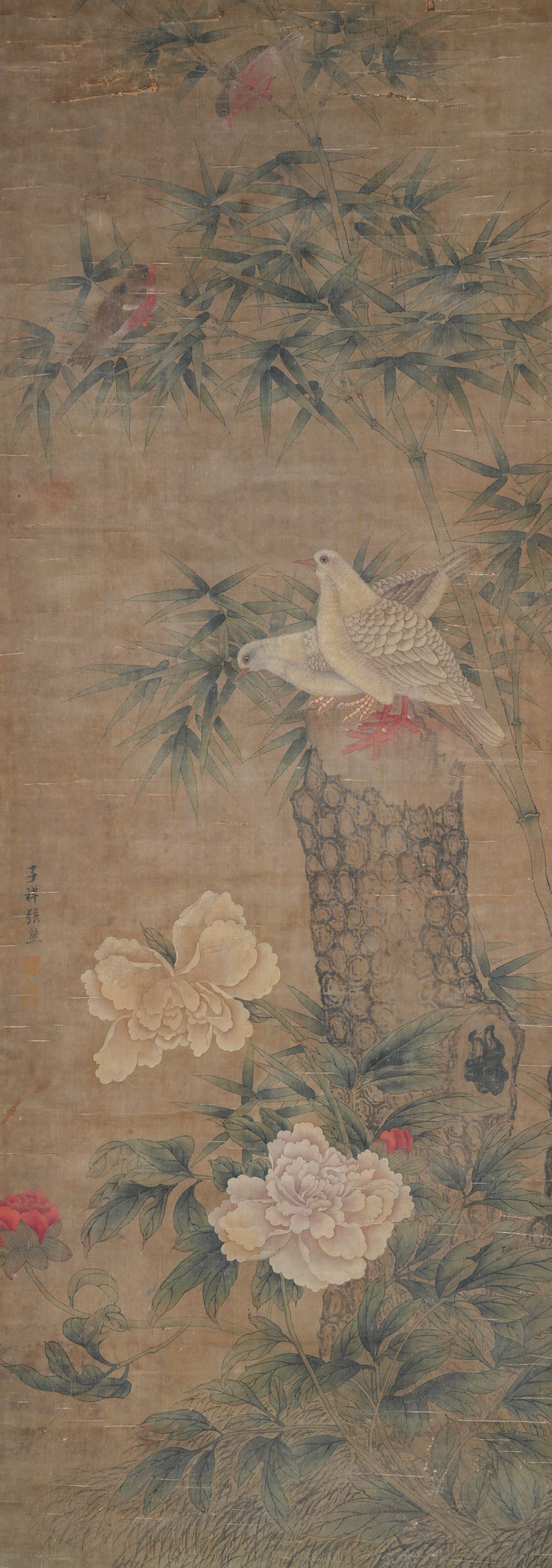 A FLOWER-AND-BIRD PAINTING ON SILK BY ZHANG XIONG.張熊: Flower-and-bird painting on silk by Zhang Xiong.張熊