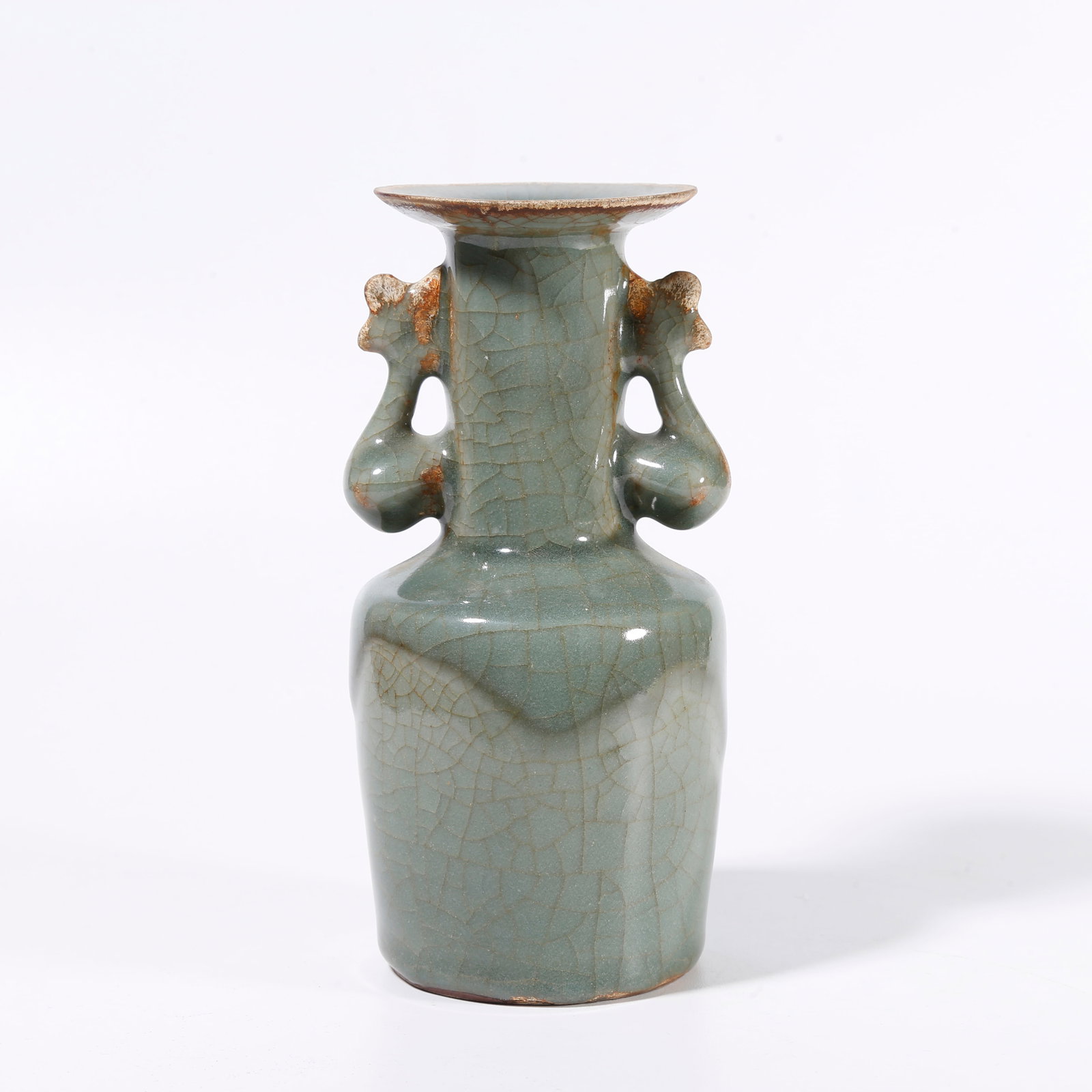 A DISH-MOUTHED VASE WITH DOUBLE HANDLES FROM LONGQUAN KILN: Dish-Mouthed Vase with Double Handles from Longquan Kiln
