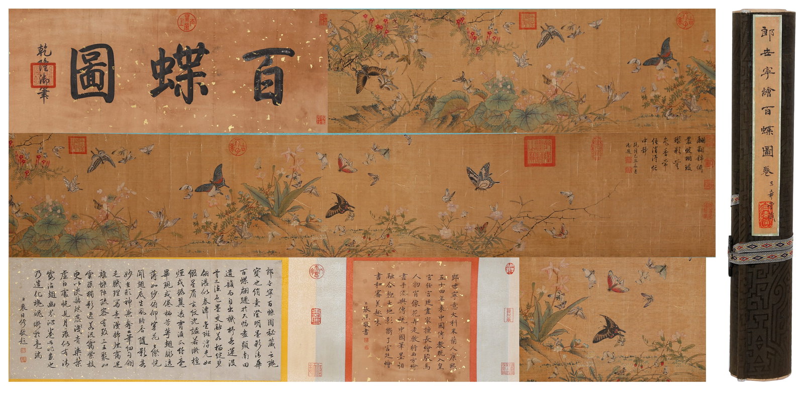 A ONE HUNDRED BUTTERFLIES PAINTING HAND SCROLL ON SILK BY GIUSEPPE CASTIGLIONE.郎世: One Hundred Butterflies painting hand scroll on silk by Giuseppe Castiglione.郎世寧