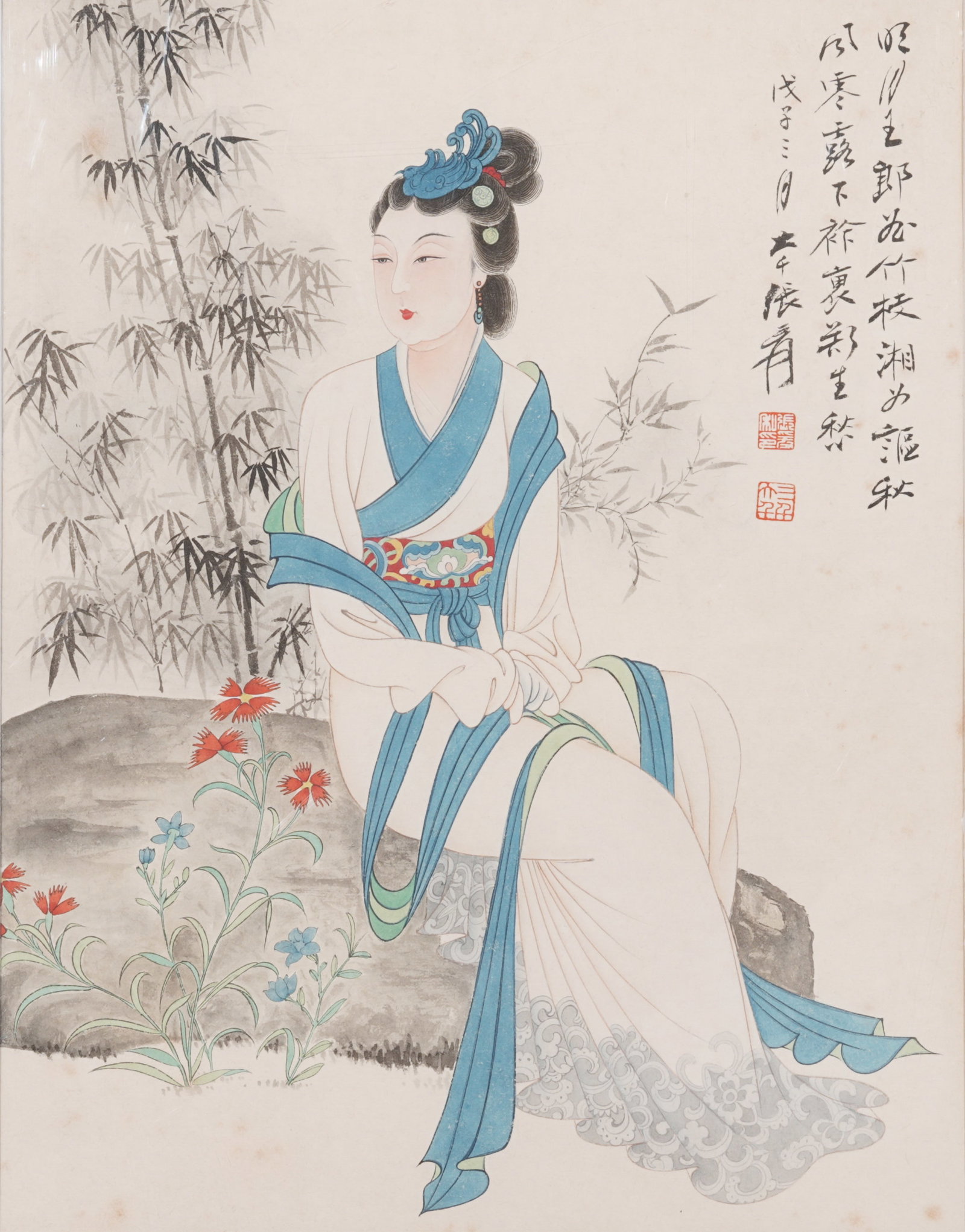 A COURT LADIES ON PAPER BY ZHANG DAQIAN (FRAMED).張大千: Court Ladies on Paper by Zhang Daqian (framed).張大千