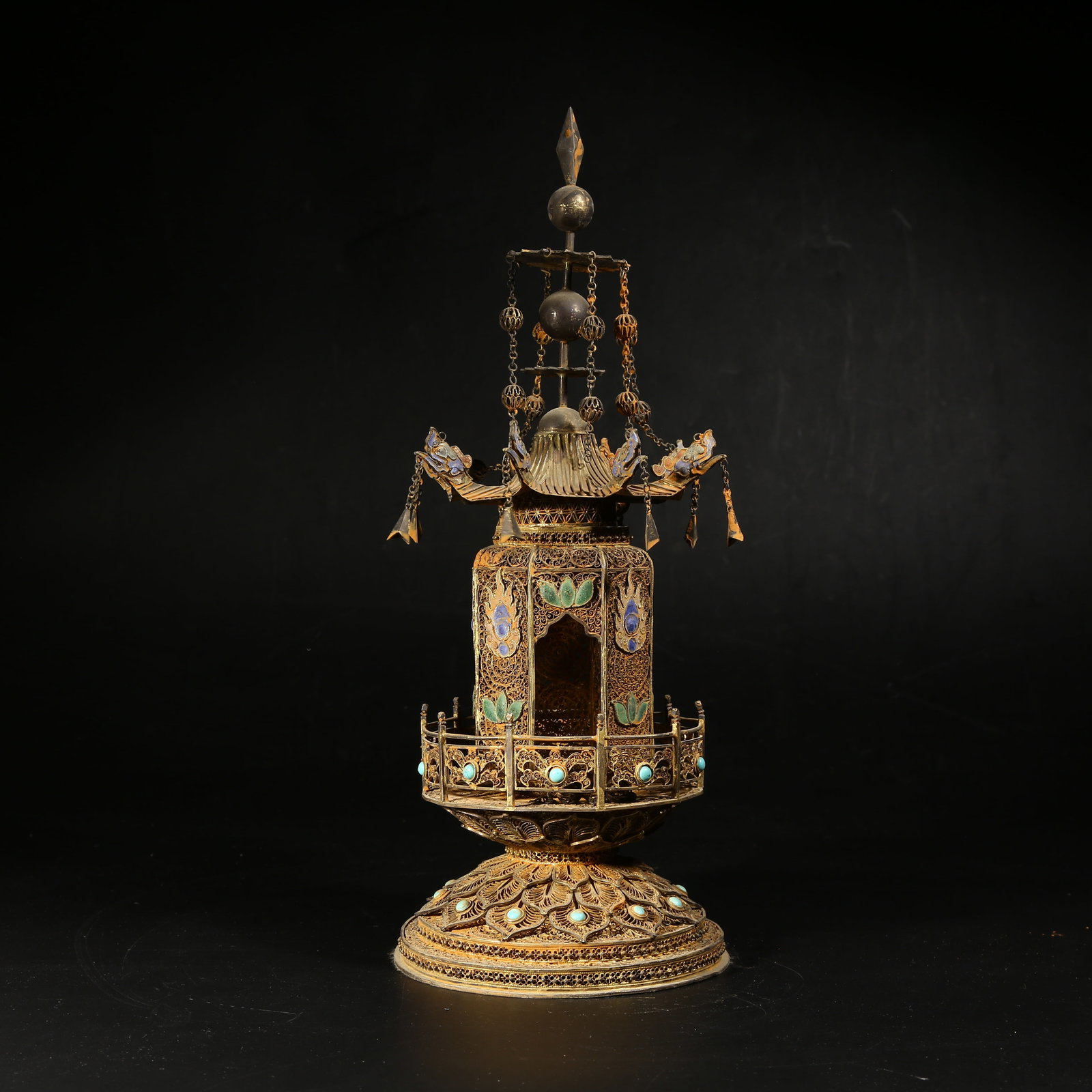 A GILDED SILVER FILIGREE CLOISONNÉ STUPA (1 of 9)