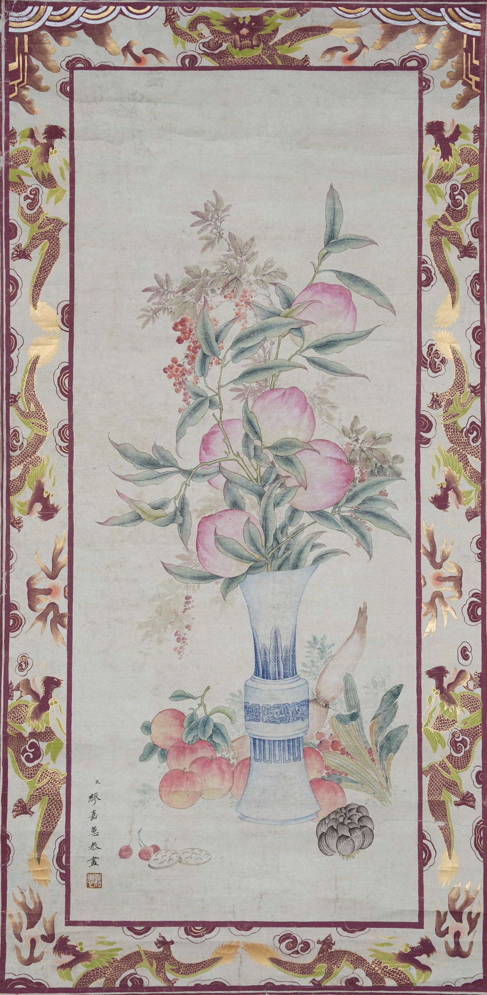 A PEACH OF LONGEVITY PAINTING ON PAPER BY MIAO JIAHUI.繆嘉蕙: Peach of longevity painting on paper by Miao Jiahui.繆嘉蕙