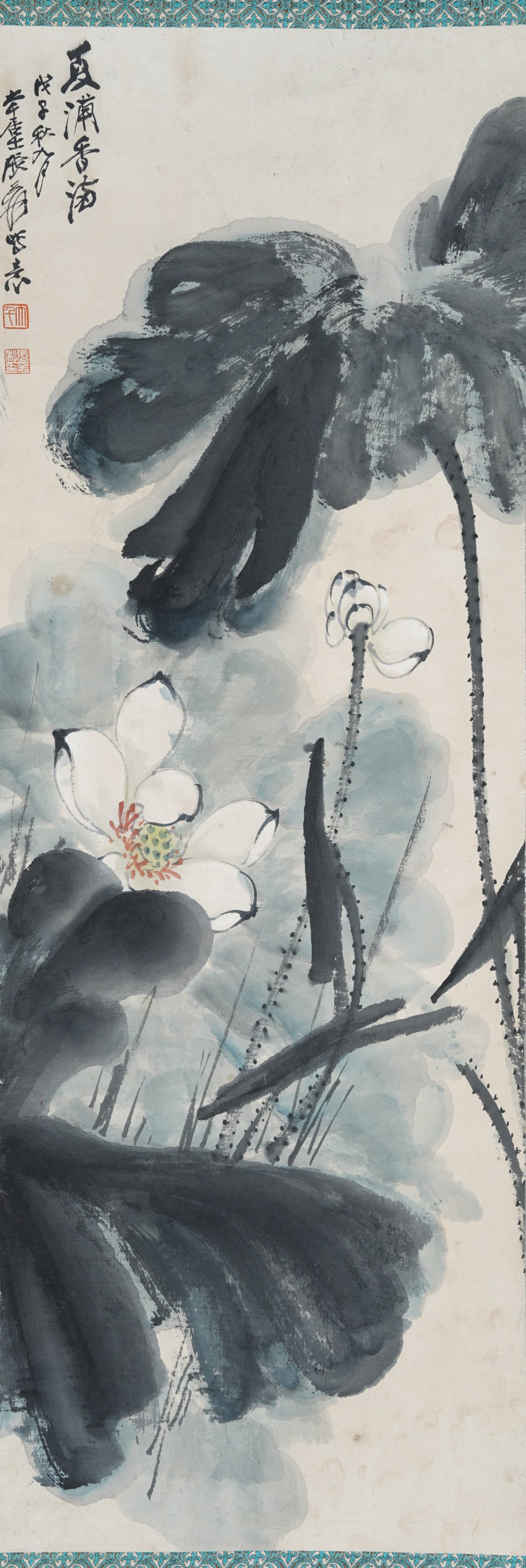 A LOTUS PAINTING ON PAPER BY ZHANG DAQIAN.張大千: Lotus painting on paper by Zhang Daqian.張大千
