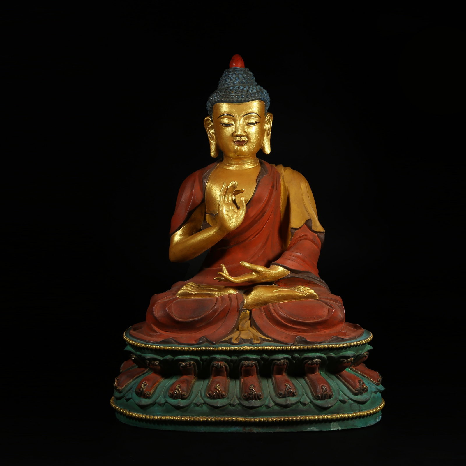 A PAINTED-BRONZE STATUE OF SHAKYAMUNI BUDDHA (1 of 8)