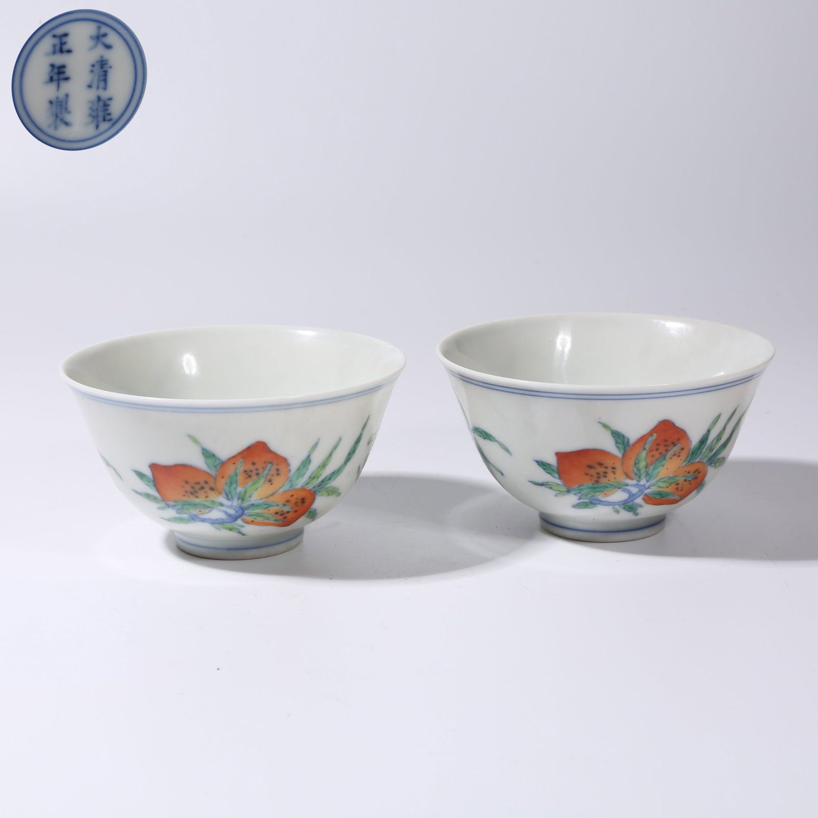 A SET OF DOUCAI FOLDED PAPER AUSPICIOUS FRUIT CUPS: Set of Doucai Folded Paper Auspicious Fruit Cups