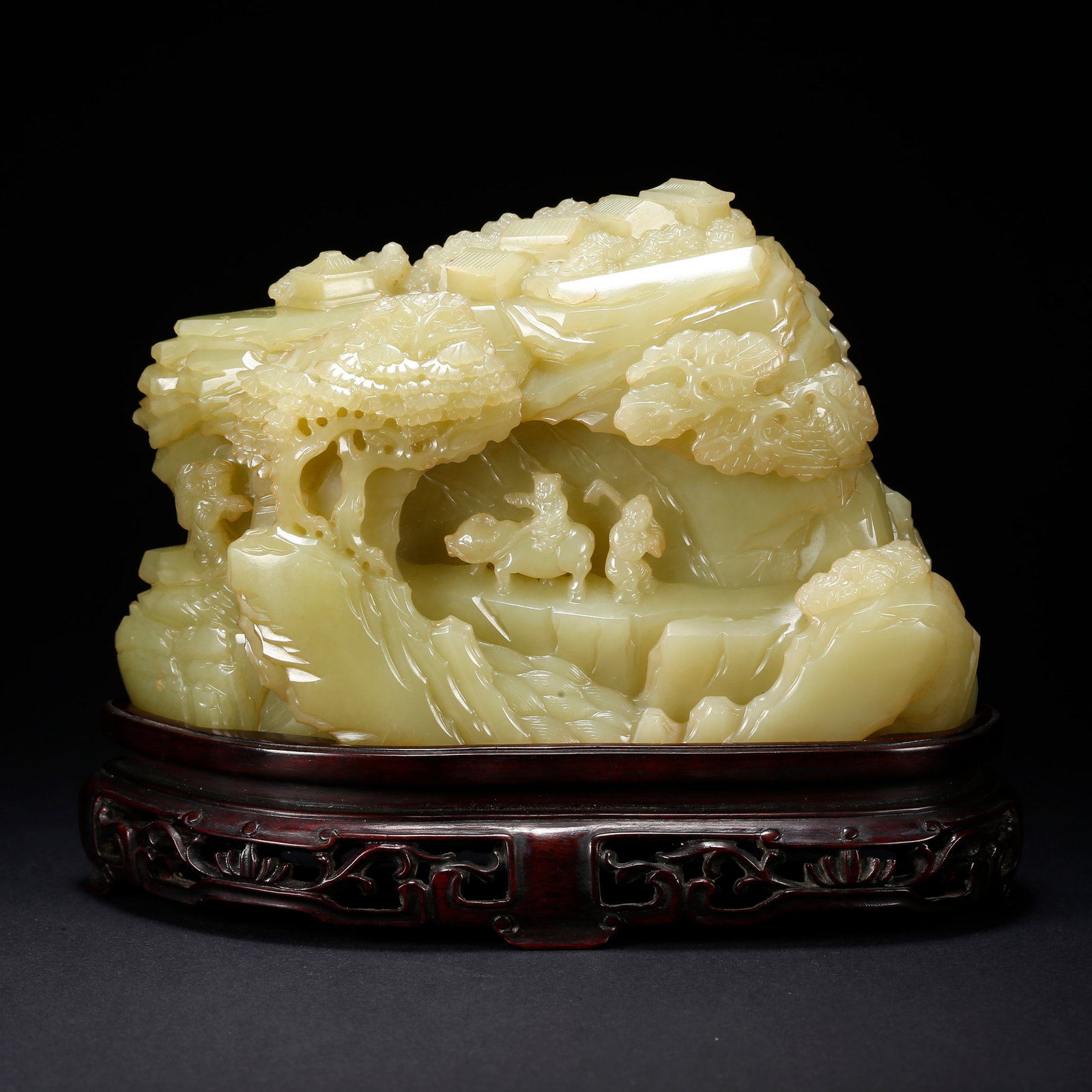 A HETIAN YELLOW JADE MINIATURE MOUNTAIN WITH FIGURES FIGURINE (1 of 9)