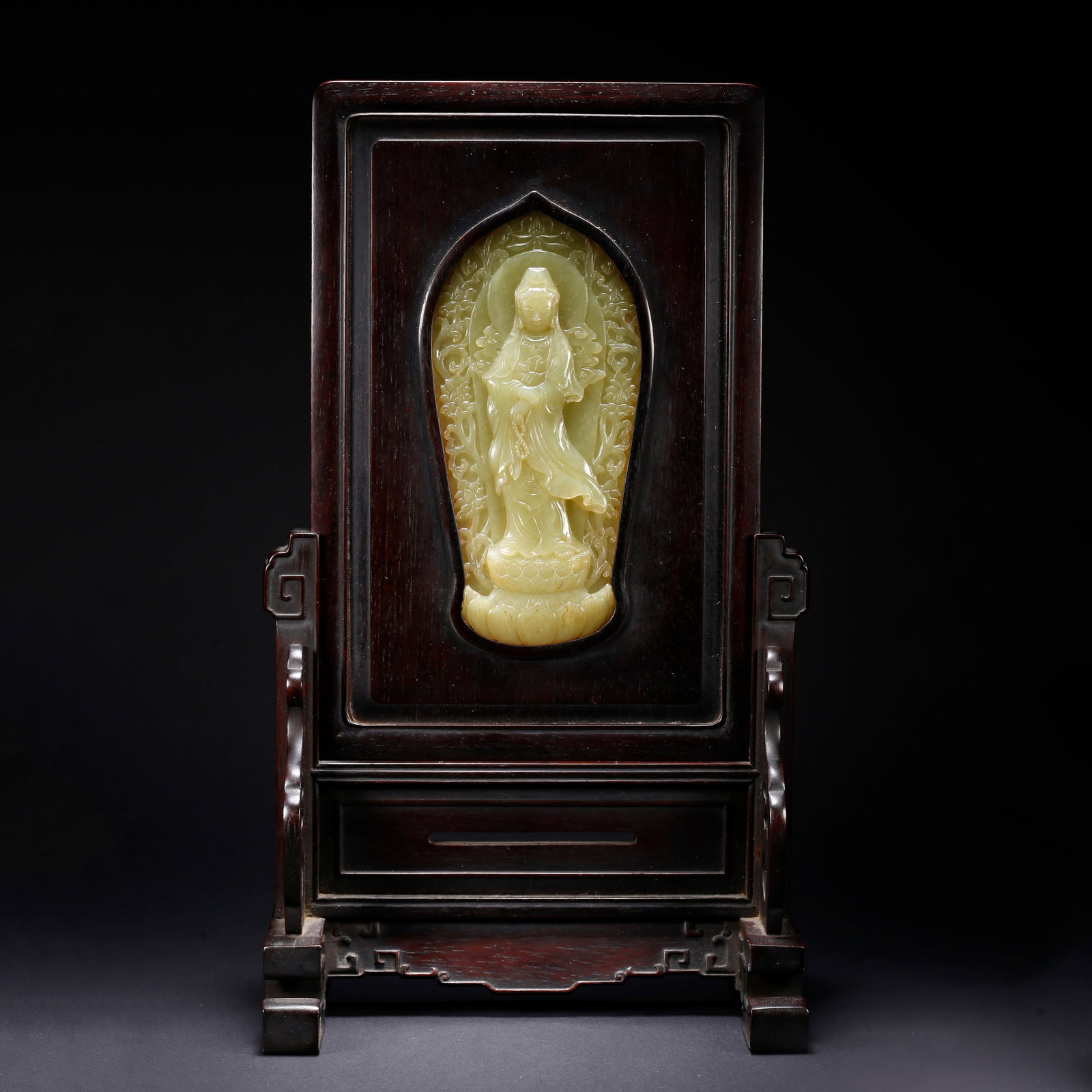A ZITAN WOOD SCREEN INLAID WITH HETIAN YELLOW JADE GUANYIN (1 of 9)