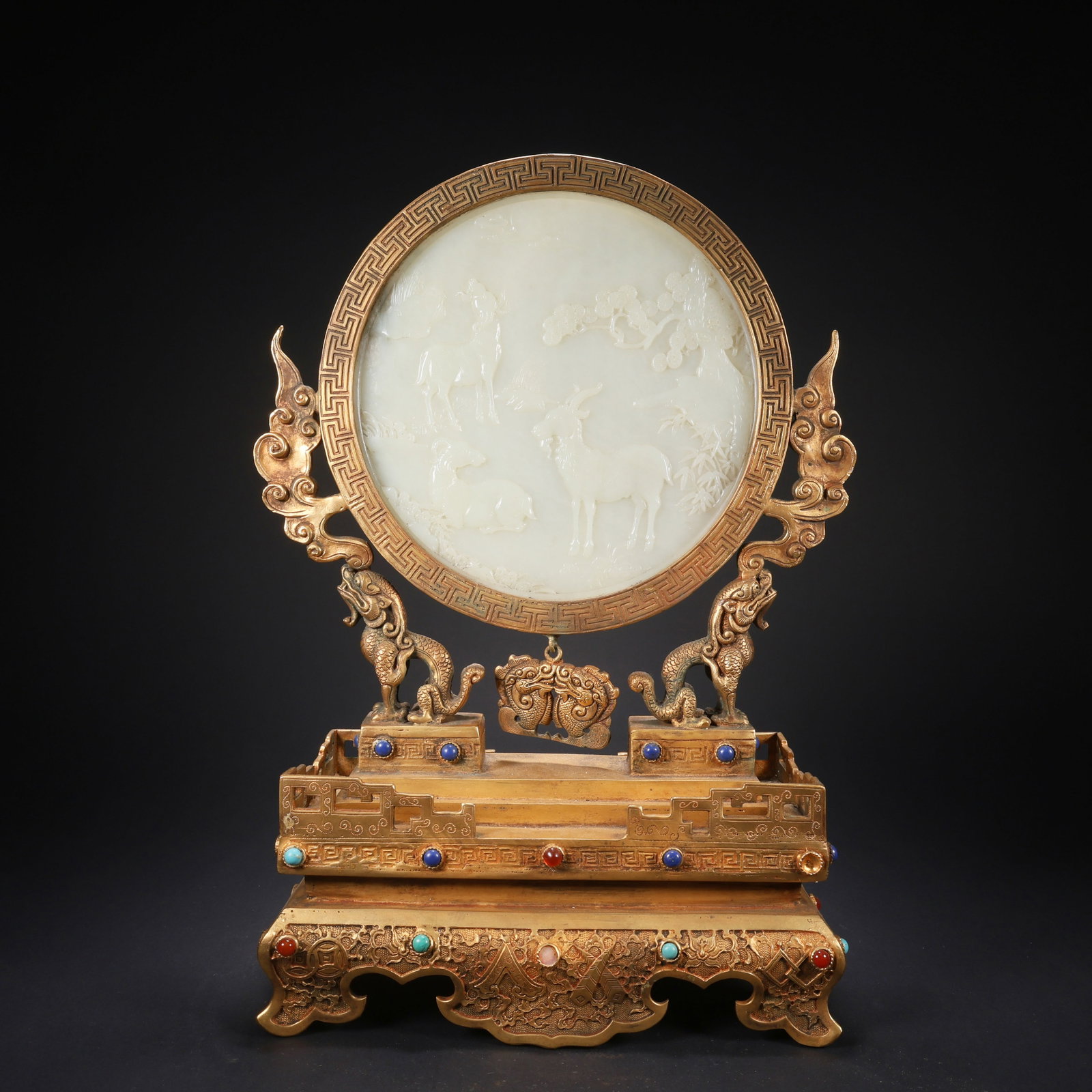 A HETIAN JADE GILT-BRONZE GEM-INLAID POETRY "THREE GOATS BRING PROSPERITY" SCREEN (1 of 9)