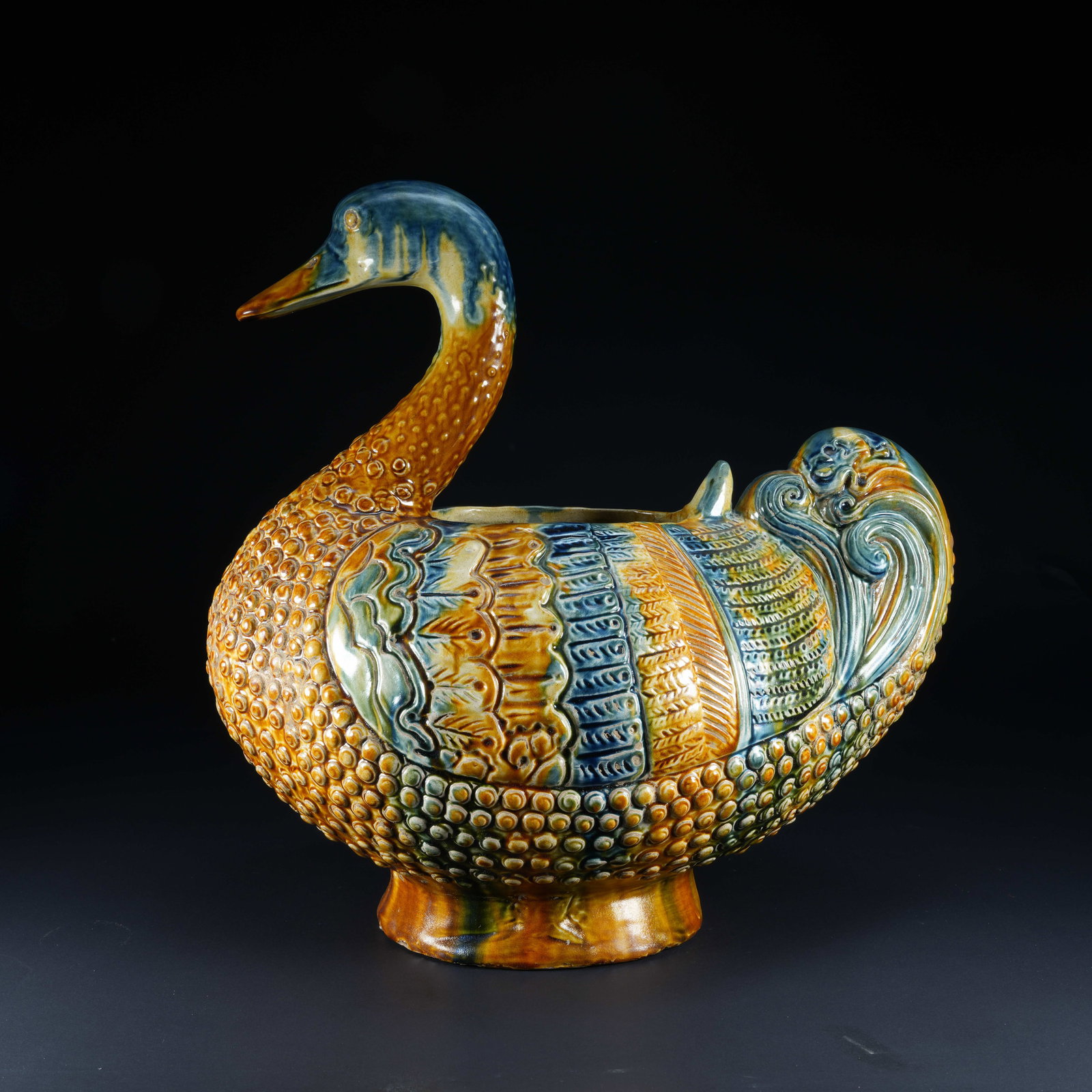 A TANG SANCAI TREASURE DUCK-SHAPED INCENSE BURNER: Tang Sancai Treasure Duck-Shaped Incense Burner