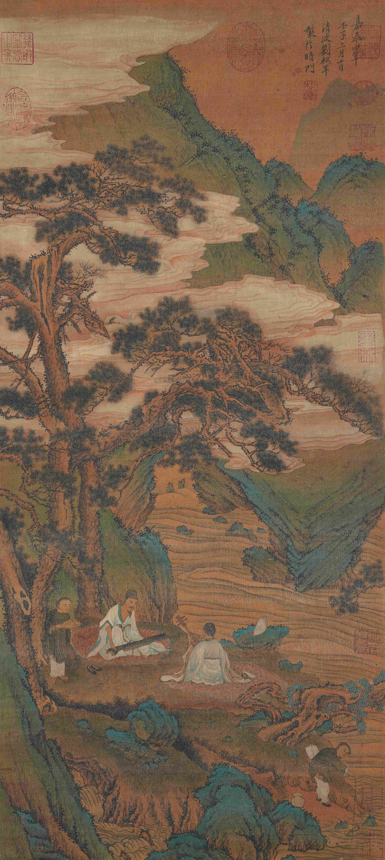 A LANDSCAPE AND FIGURE PAINTING ON SILK BY LIU SONGNIAN.劉松年: Landscape and Figure Painting on Silk by Liu Songnian.劉松年