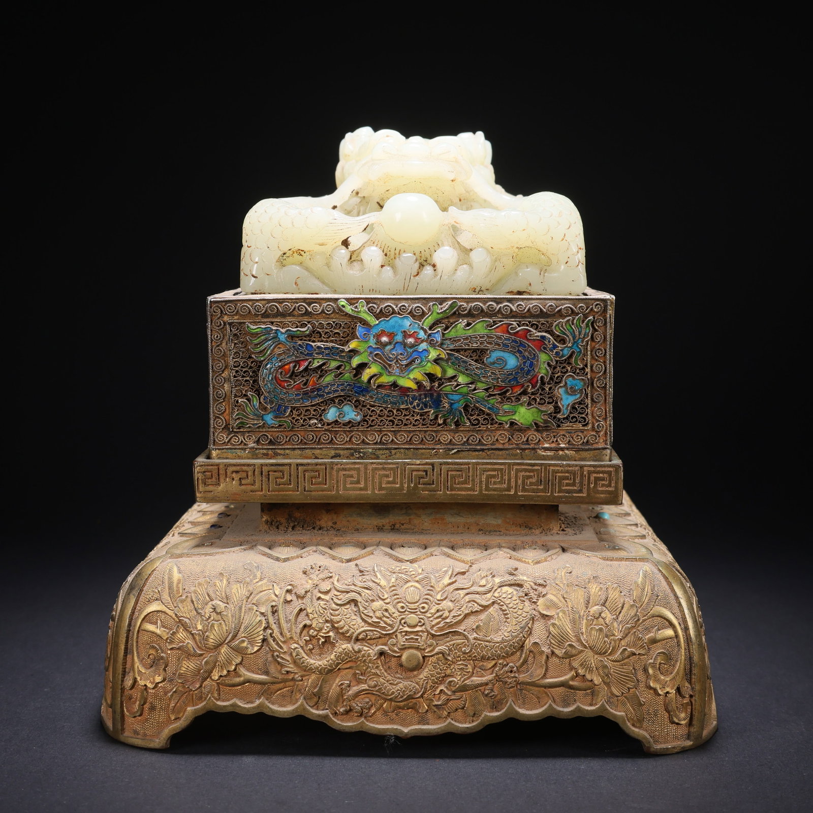 A HETIAN JADE GILT-SILVER CLOISONNÉ GEM-INLAID DRAGON-PLAYING-PEARL SEAL ON BASE: Hetian Jade Gilt-Silver Cloisonné Gem-Inlaid Dragon-Playing-Pearl Seal on Base
