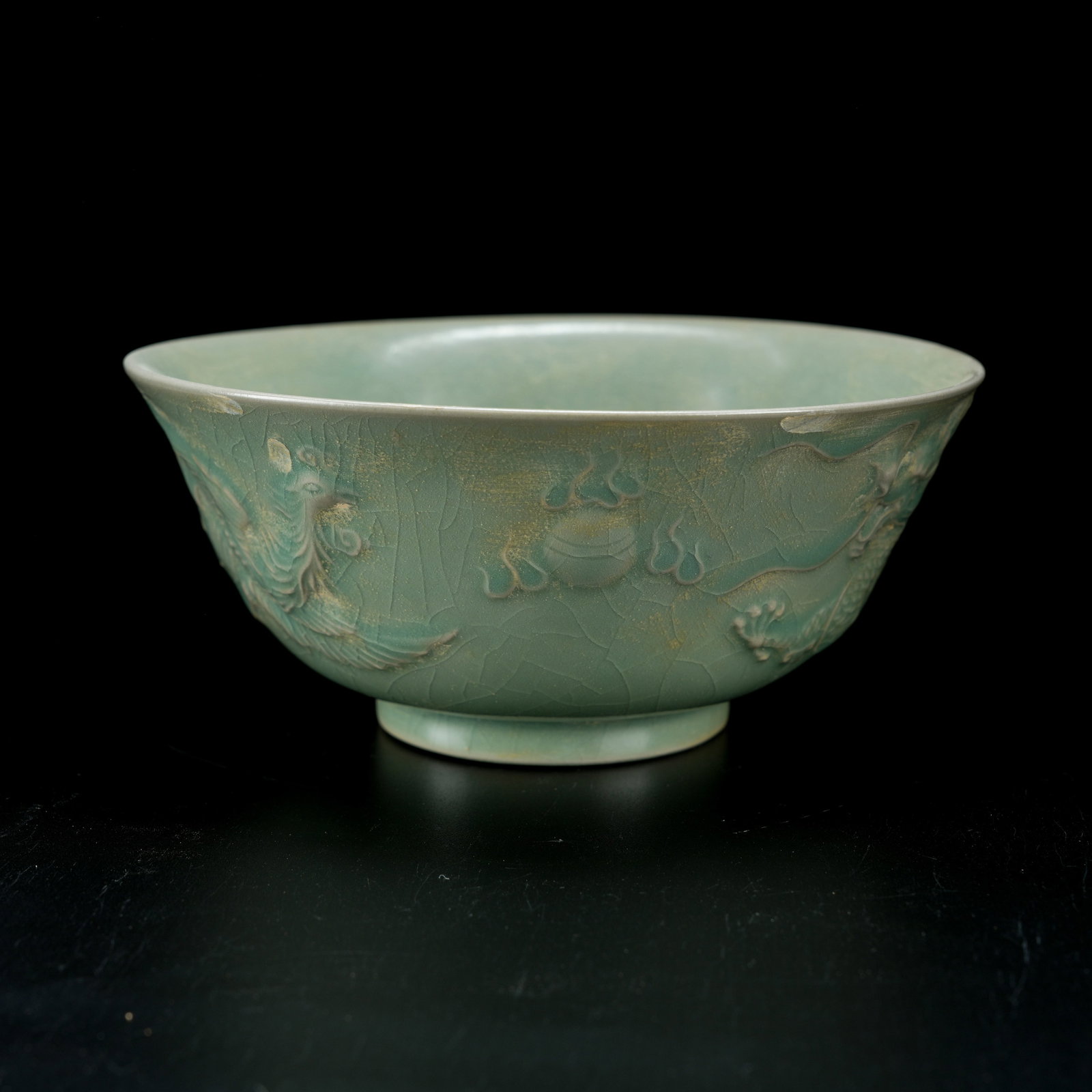 A RU KILN BOWL WITH DRAGON AND PHOENIX MOTIF: Ru Kiln Bowl with Dragon and Phoenix Motif