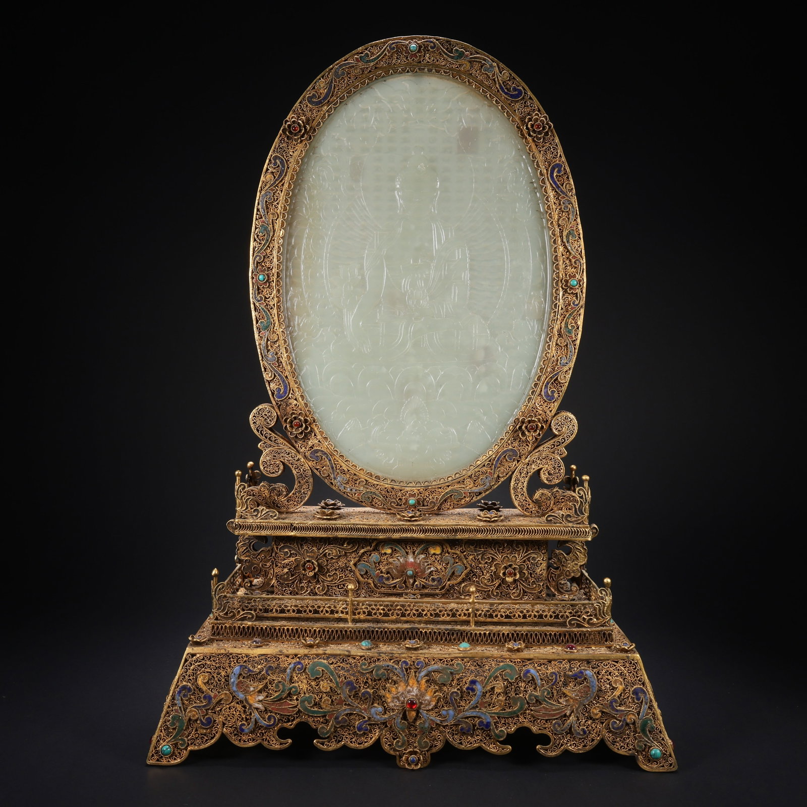 A HETIAN JADE GILT-SILVER CLOISONNÉ GEM-INLAID CARVED BUDDHIST MOTIF SCREEN (1 of 9)