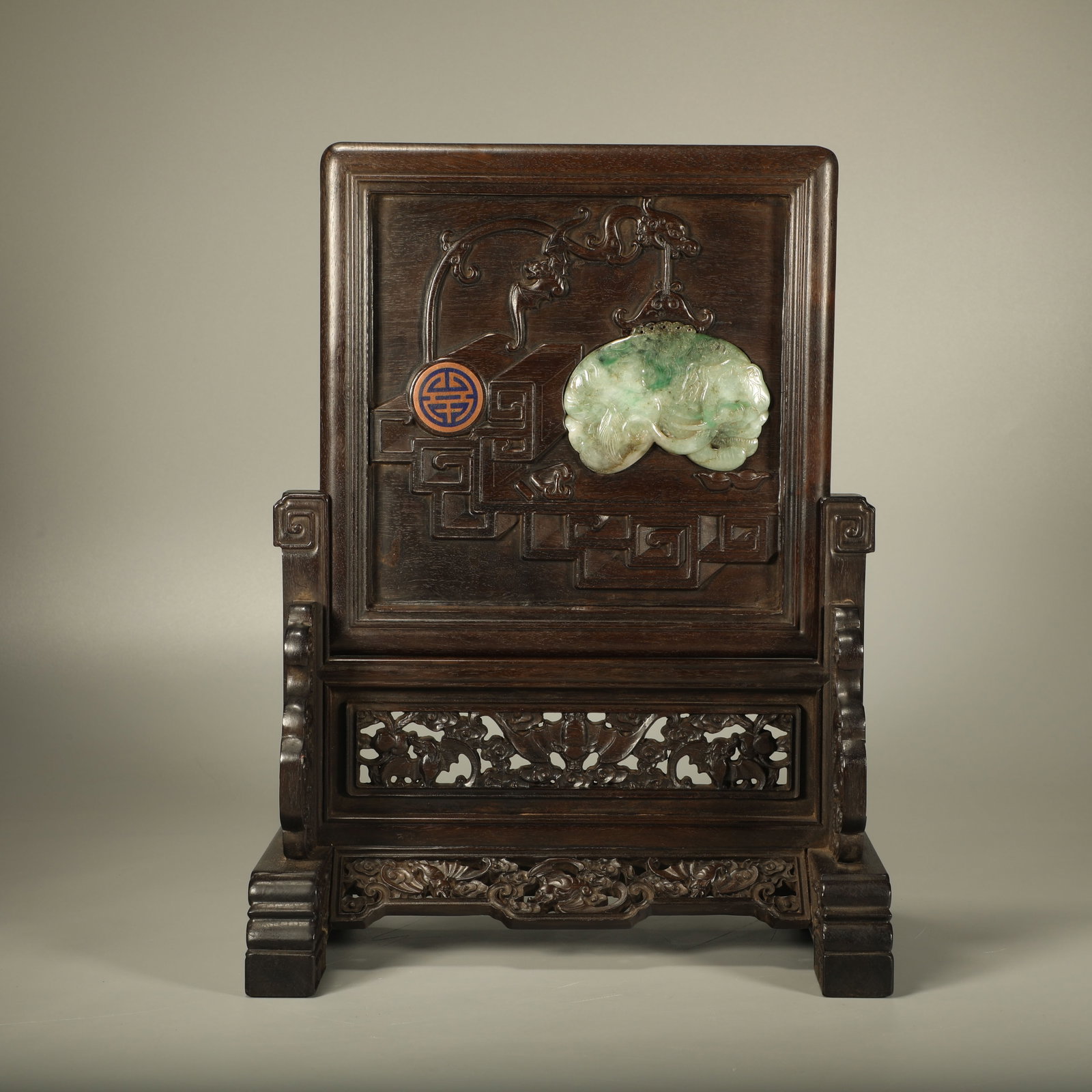 A ROSEWOOD TABLE SCREEN CARVED WITH CLOUD AND FORTUNE PATTERN AND INLAID WITH JADEITE (1 of 7)