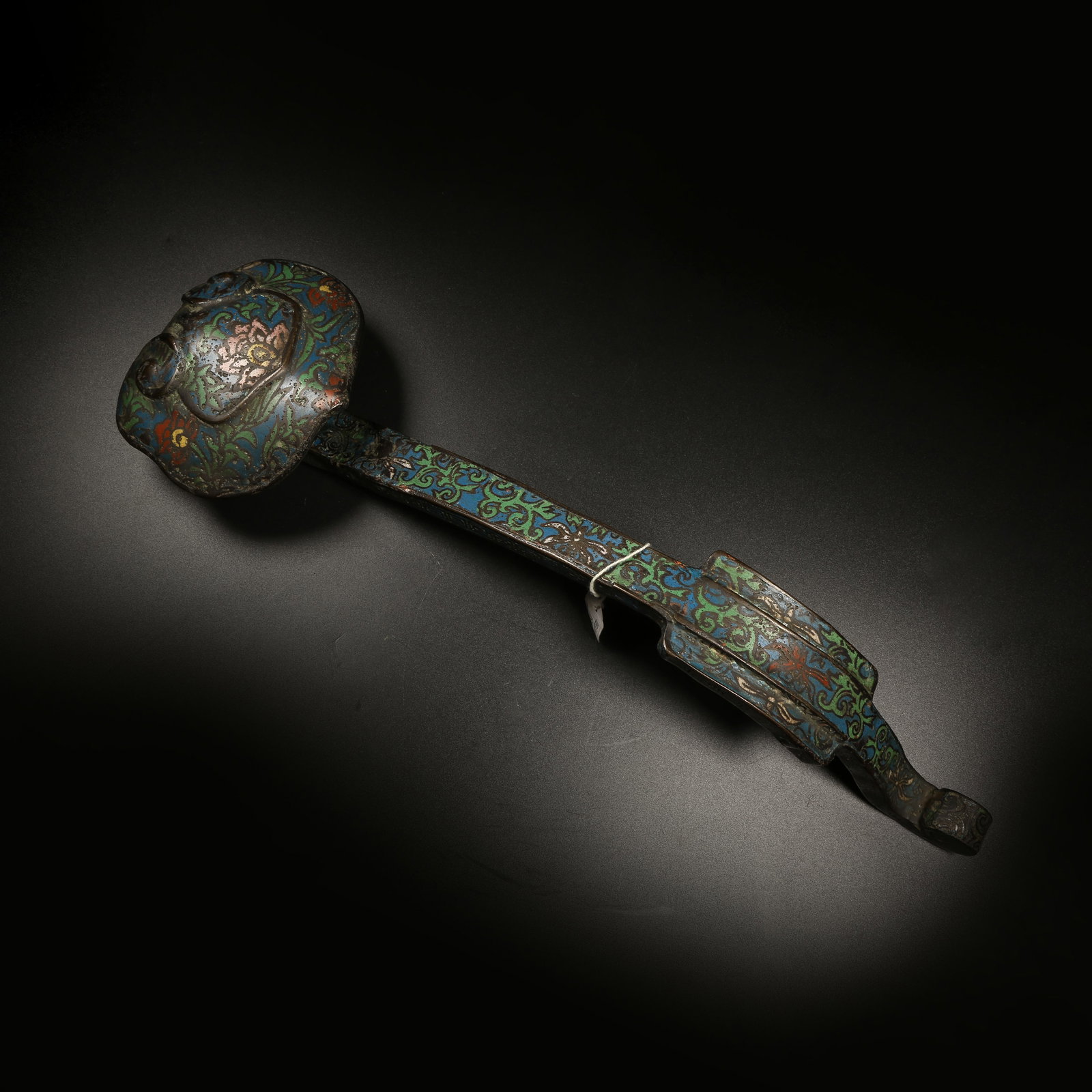 A CLOISONNÉ-ENAMEL RUYI IN LINGZHI SHAPE ON BRONZE BASE: Cloisonné-Enamel Ruyi in Lingzhi Shape on Bronze Base