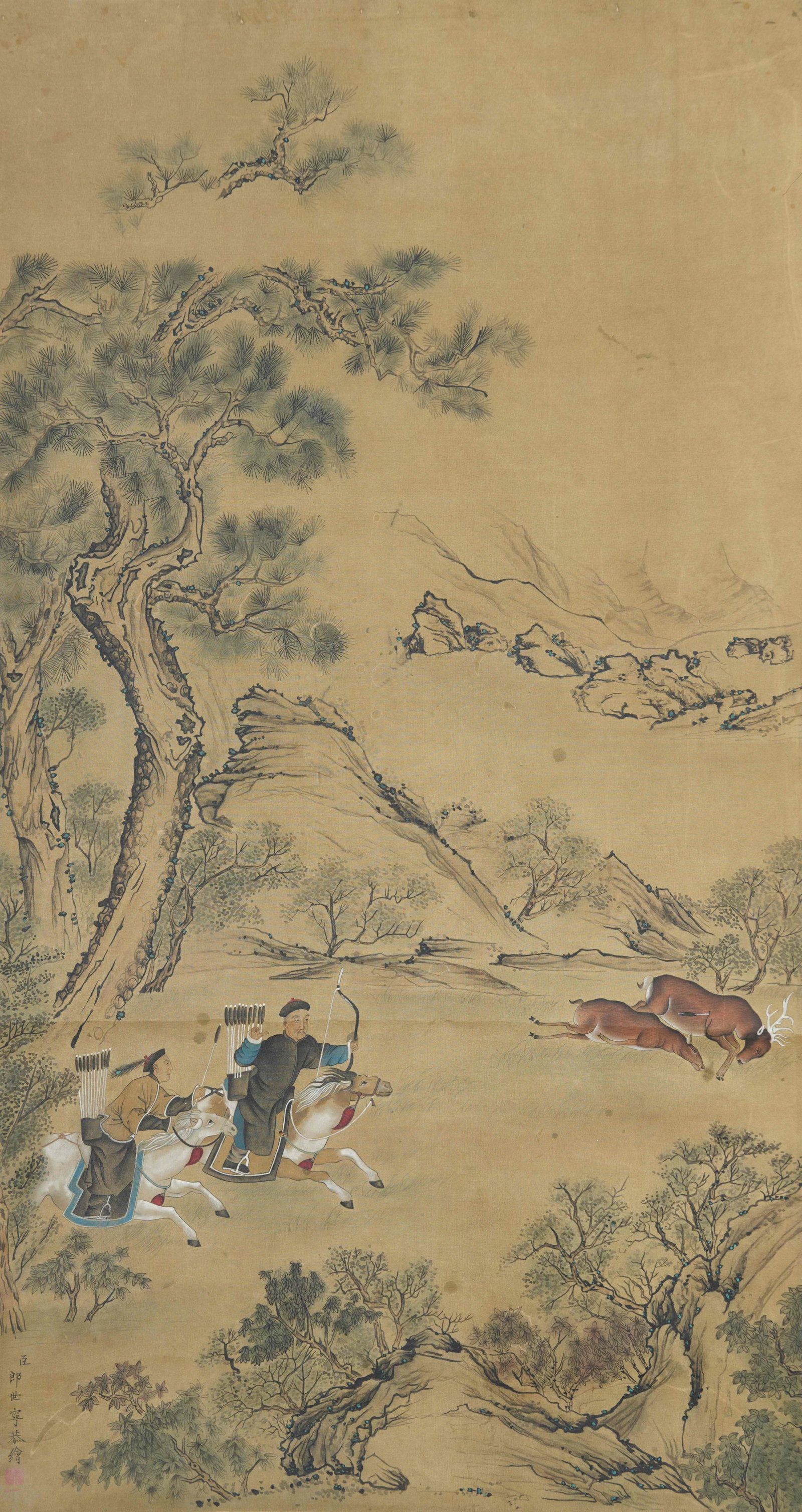 A HUNTING PAINTING ON SILK BY GIUSEPPE CASTIGLIONE.郎世寧 (1 of 9)