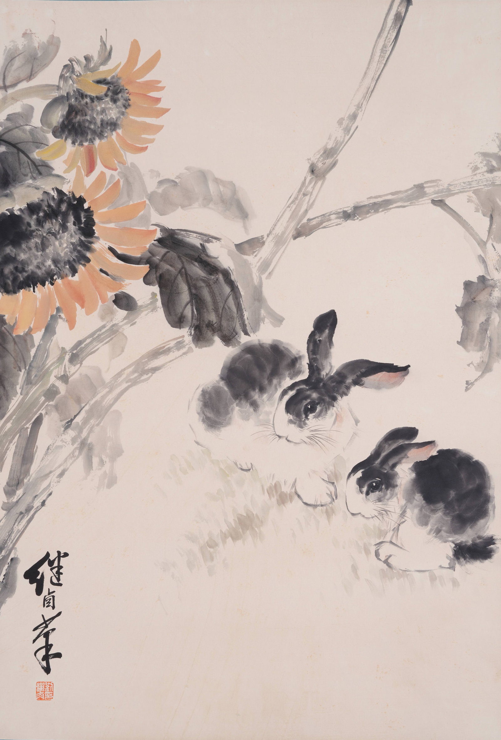 A TWO RABBITS PAINTING ON PAPER BY LIU JIYOU.劉繼卣 (1 of 8)