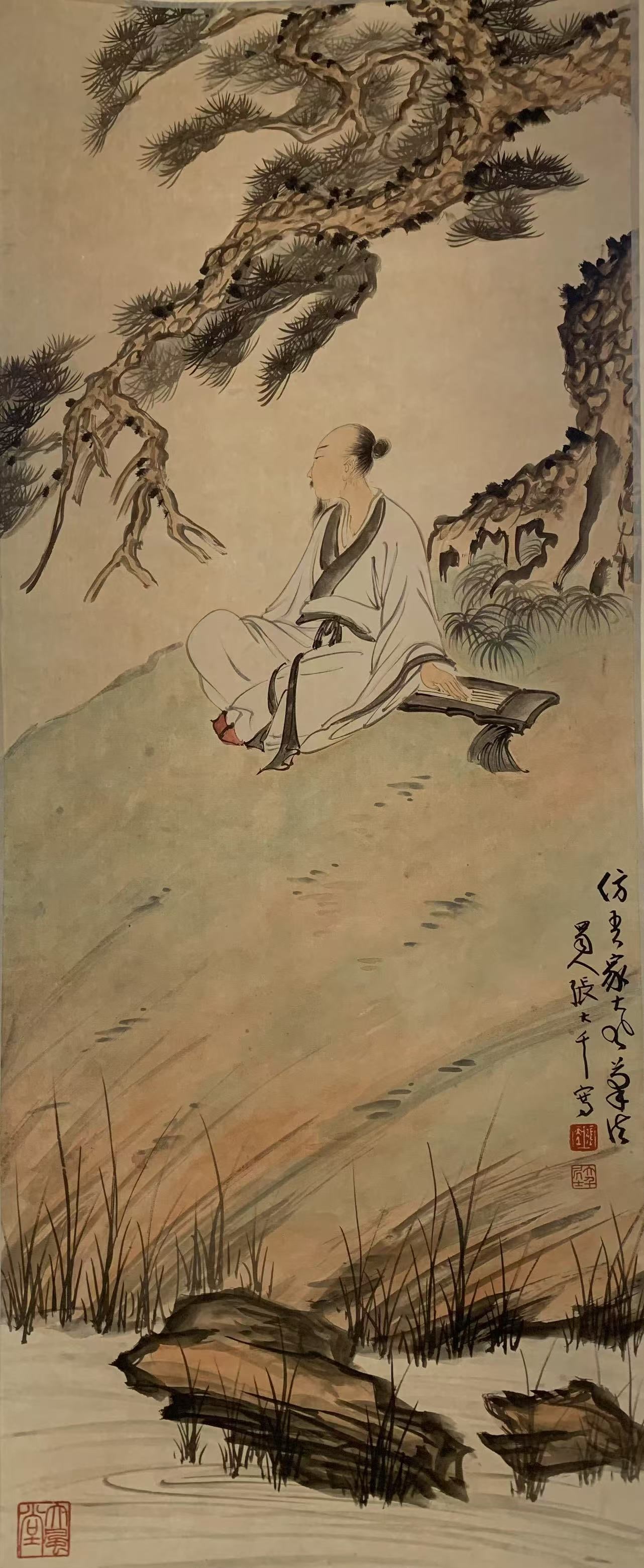 A SCHOLAR FIGURE PAINTING ON PAPER BY ZHANG DAQIAN.張大千: Scholar Figure Painting on Paper by Zhang Daqian.張大千