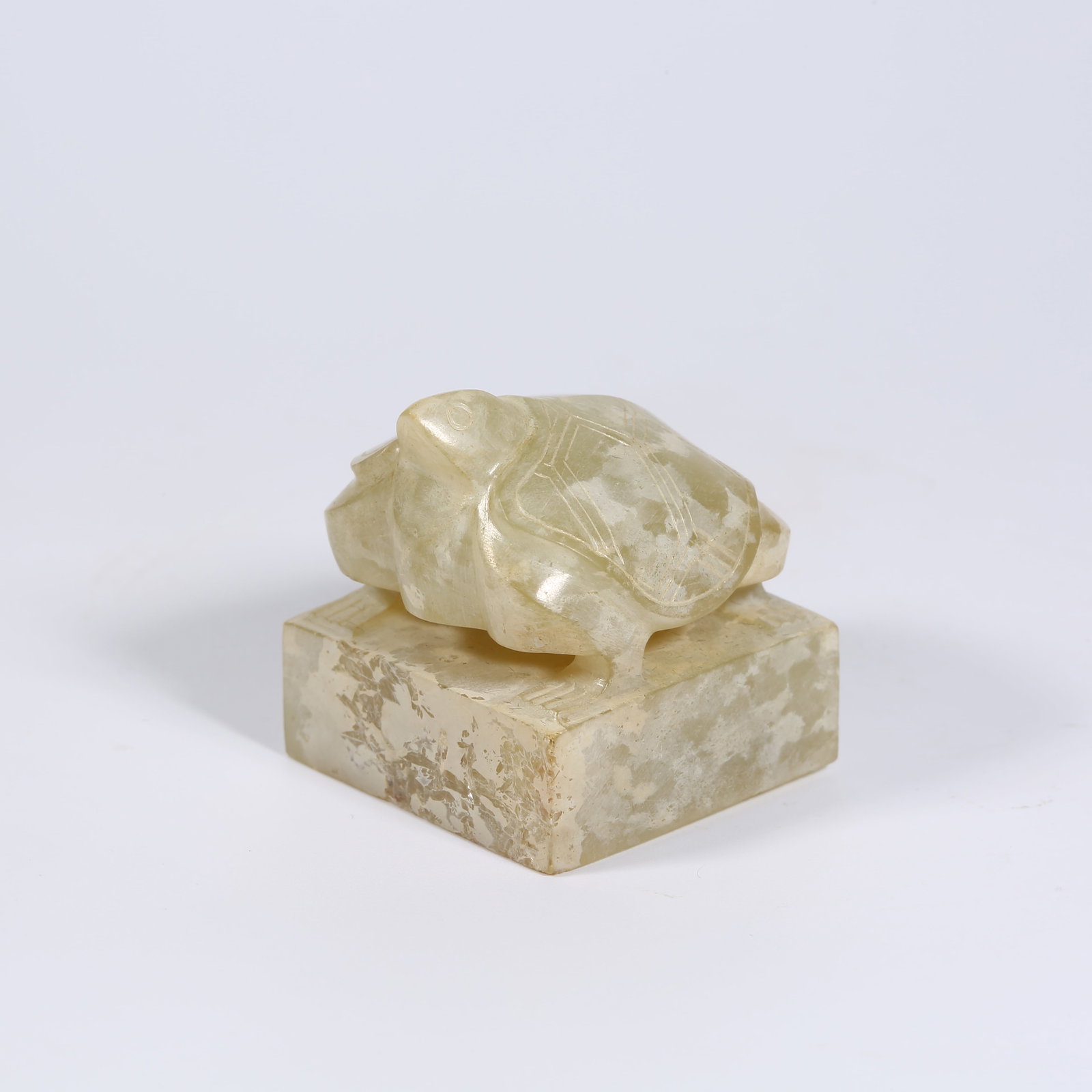 A ANCIENT JADE SEAL WITH TURTLE FINIAL: Ancient Jade Seal with Turtle Finial