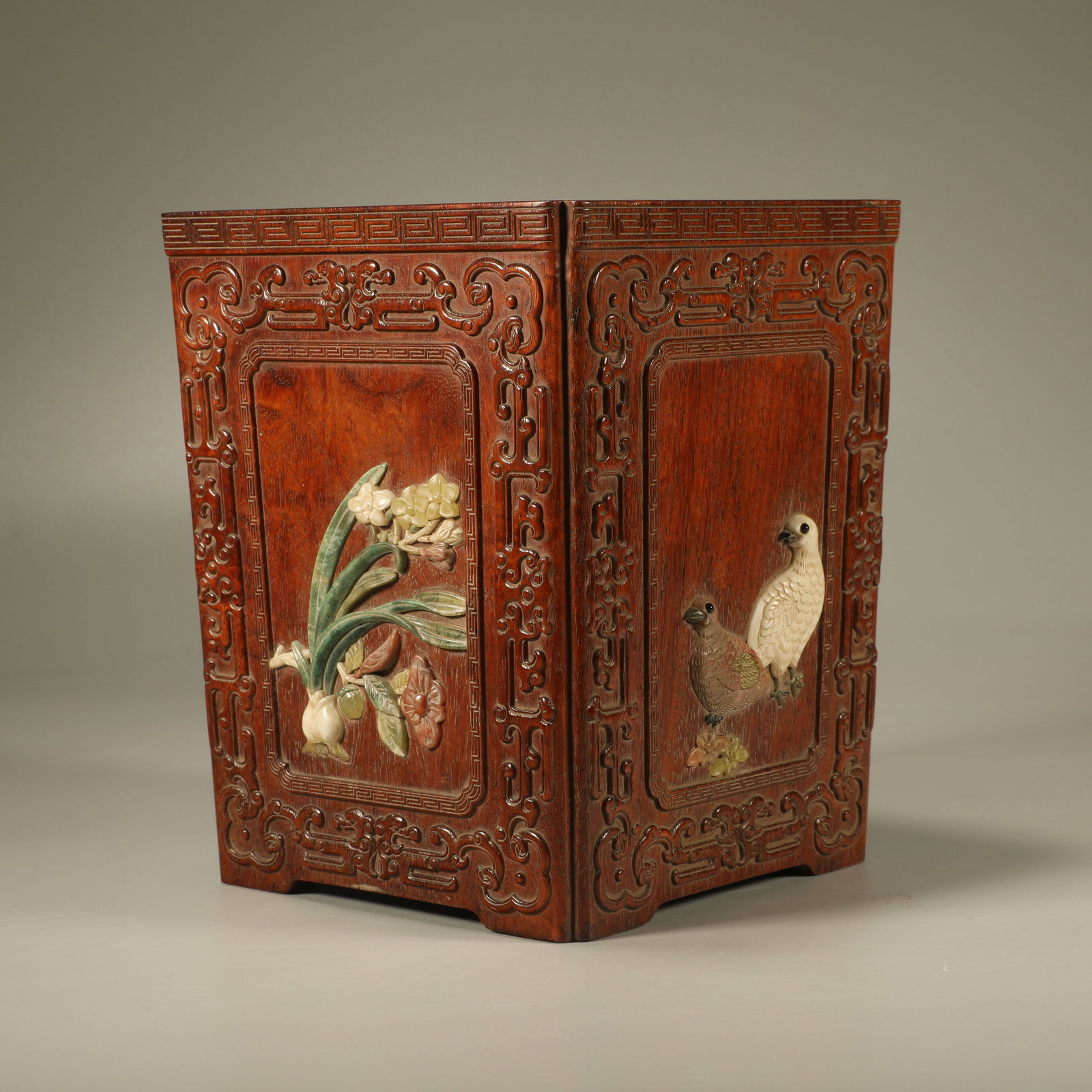 A HUANGHUALI SQUARE BRUSH POT INLAID WITH HUNDRED TREASURES: Huanghuali Square Brush Pot Inlaid with Hundred Treasures