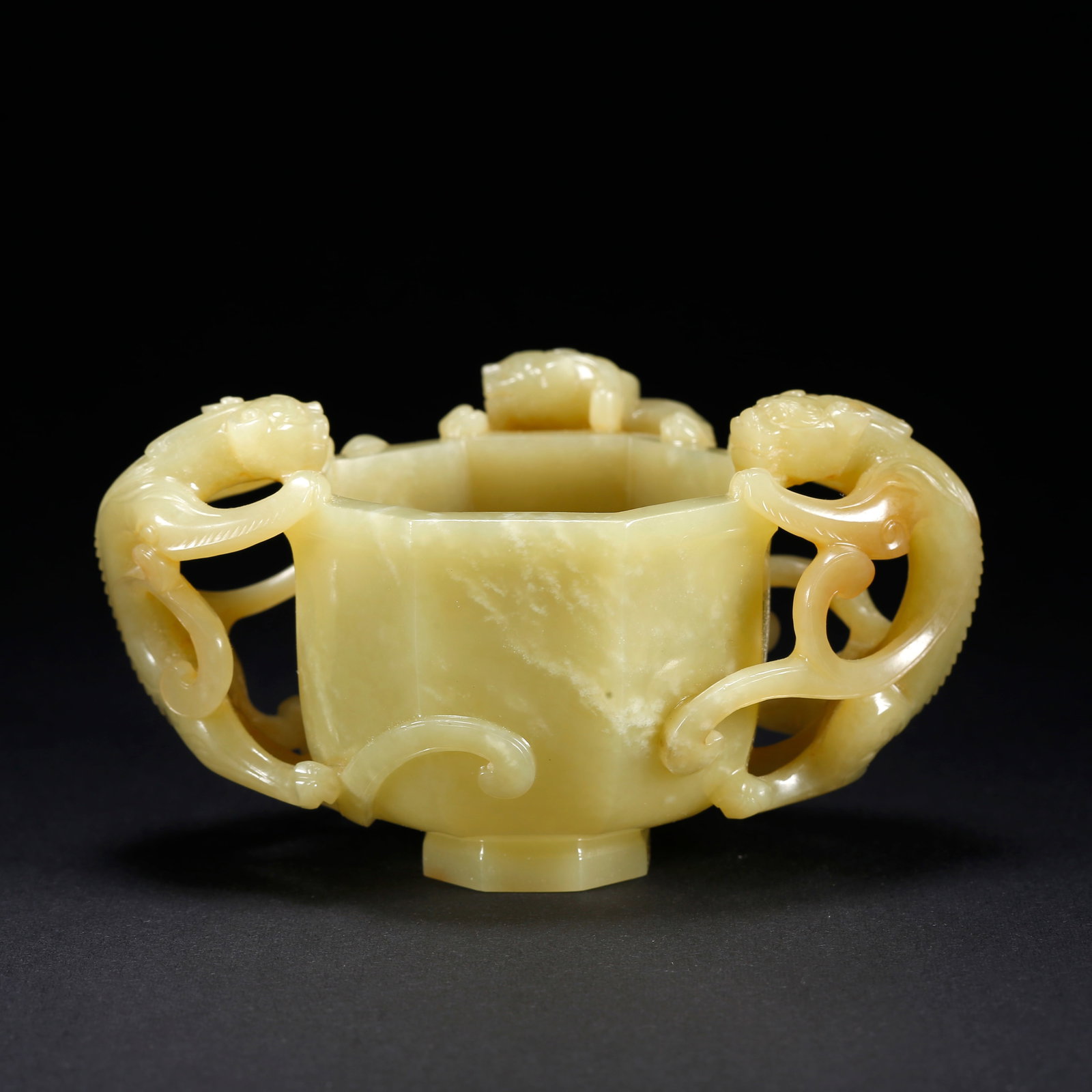 A HETIAN YELLOW JADE CUP WITH THREE-DRAGON MOTIF: Hetian Yellow Jade Cup with Three-Dragon Motif