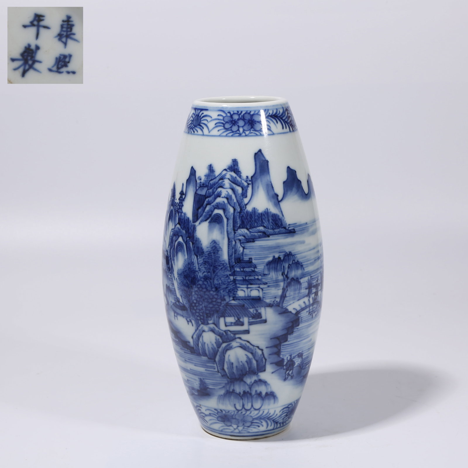 A BLUE-AND-WHITE LANDSCAPE OLIVE-SHAPED VASE: Blue-and-White Landscape Olive-Shaped Vase