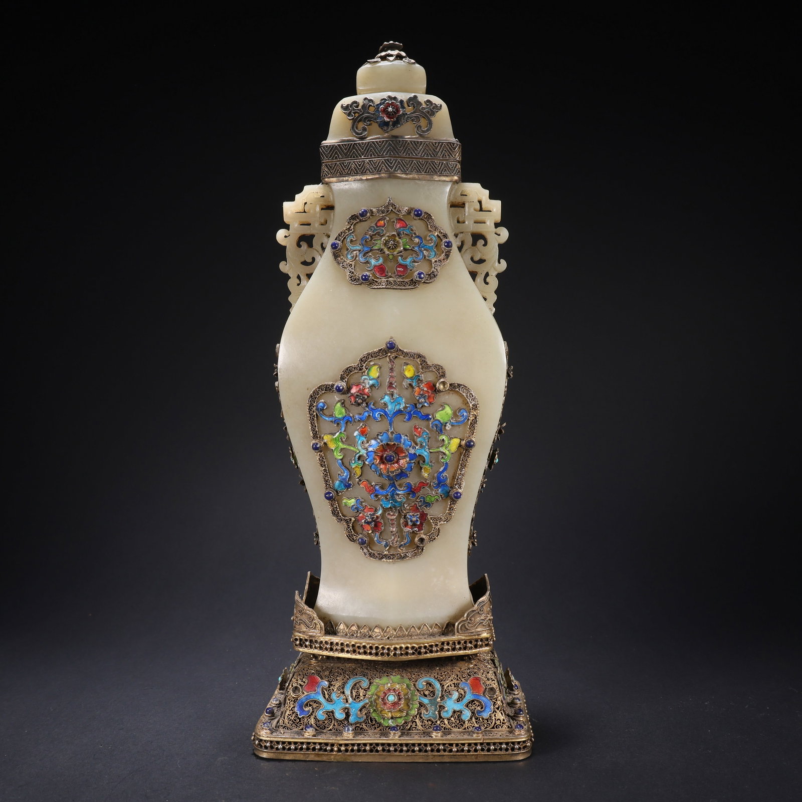 A HETIAN JADE GILT-SILVER CLOISONNÉ GEM-INLAID BOTTLE: Hetian Jade Gilt-Silver Cloisonné Gem-Inlaid Bottle