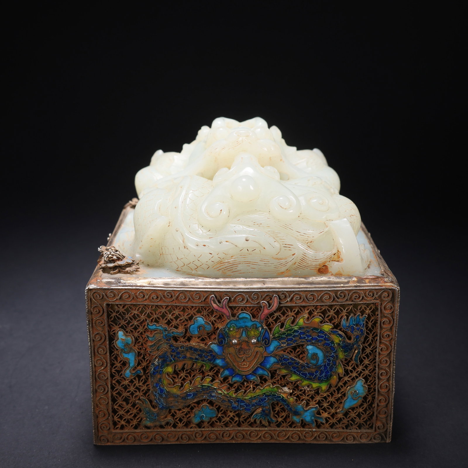 A HETIAN JADE GILT-SILVER CLOISONNÉ DRAGON-PLAYING-PEARL SEAL: Hetian Jade Gilt-Silver Cloisonné Dragon-Playing-Pearl Seal