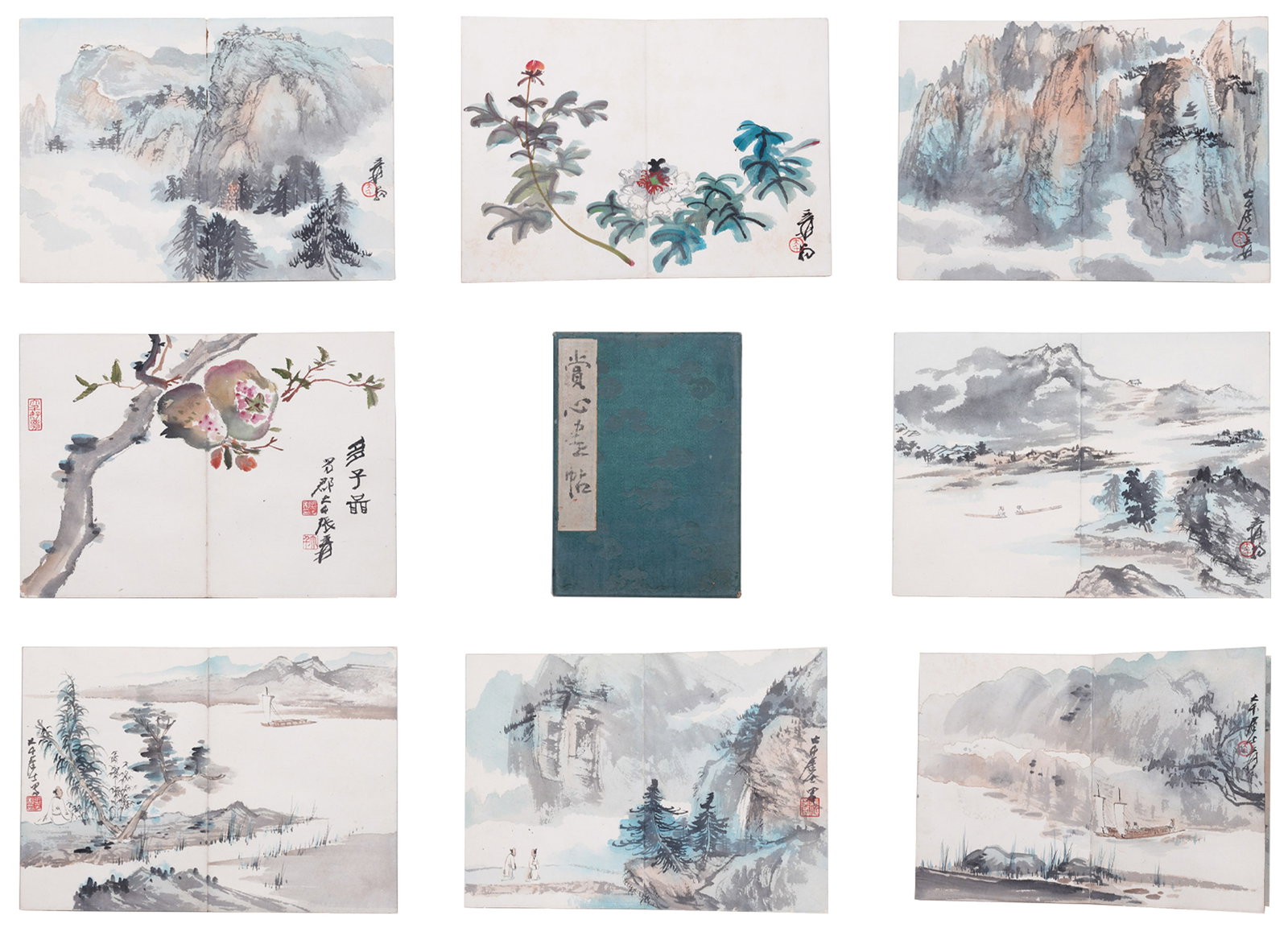 A FOURTEEN-PAGE LANDSCAPE PAINTING ALBUM ON PAPER BY ZHANG DAQIAN.張大千: Fourteen-page Landscape Painting Album on Paper by Zhang Daqian.張大千
