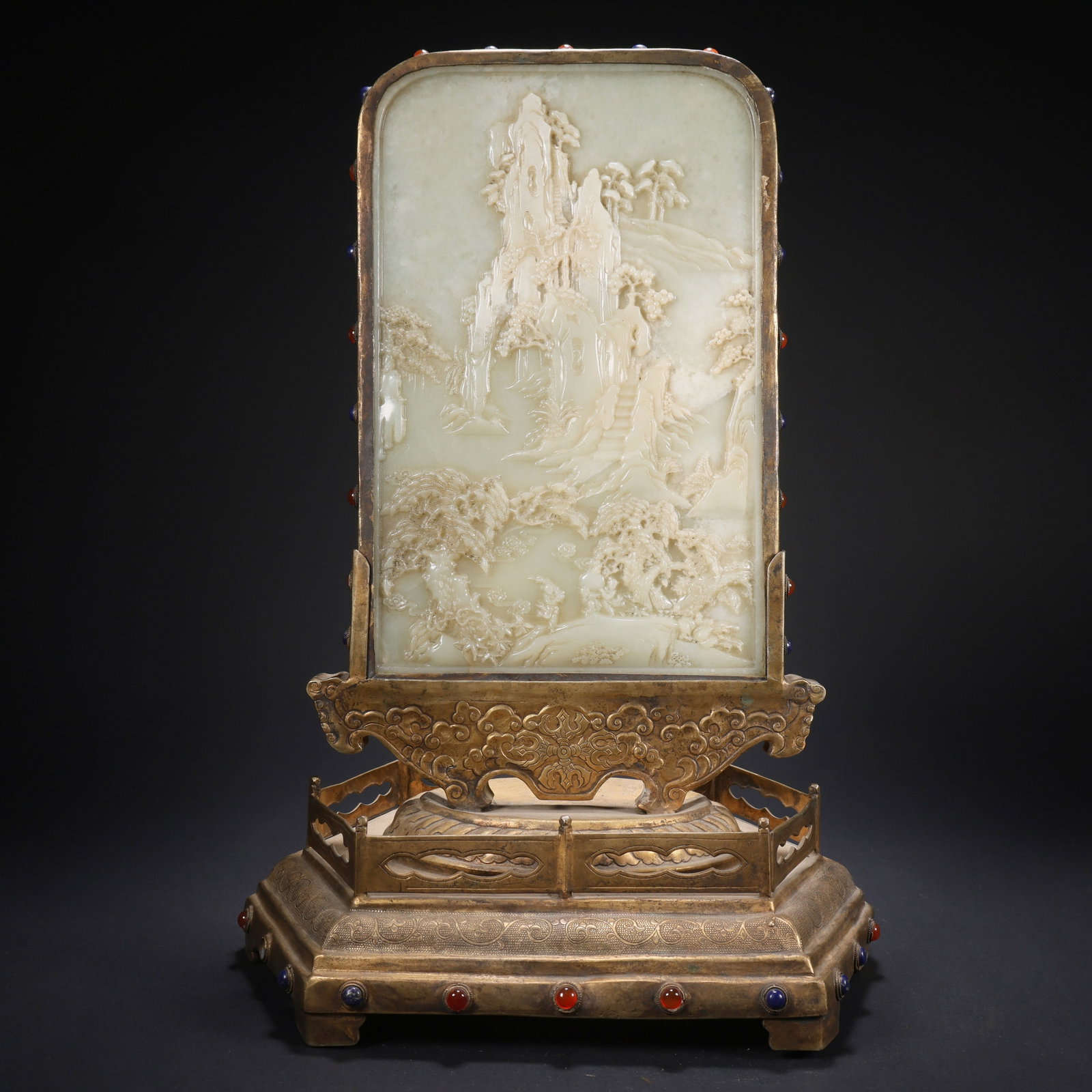A HETIAN JADE GILT-BRONZE GEM-INLAID POETRY LANDSCAPE AND FIGURES SCREEN (1 of 9)