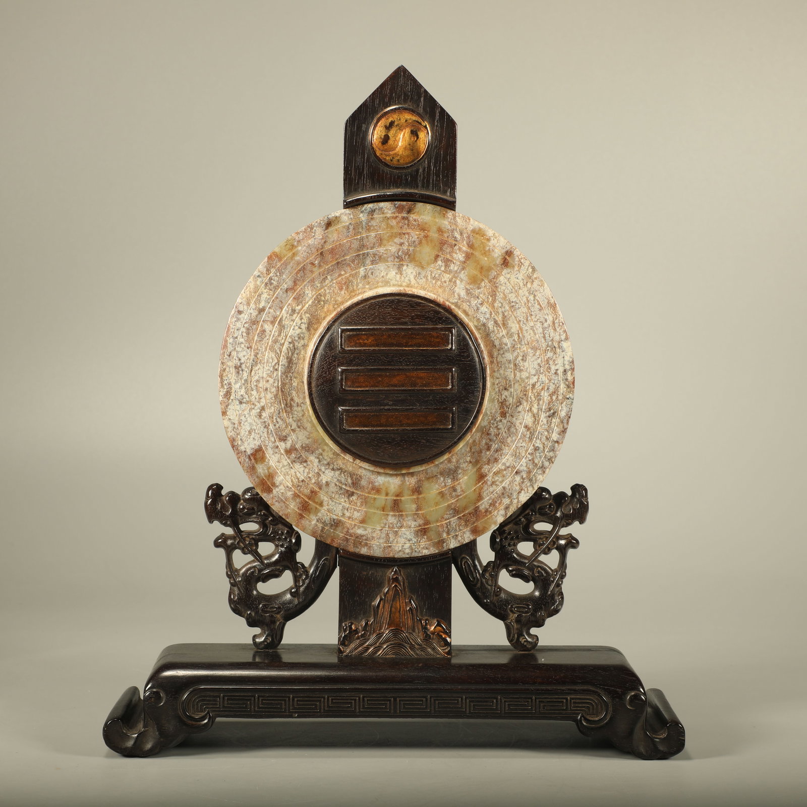 A RED SANDALWOOD ORNAMENT INLAID WITH JADE BI DISC (1 of 6)