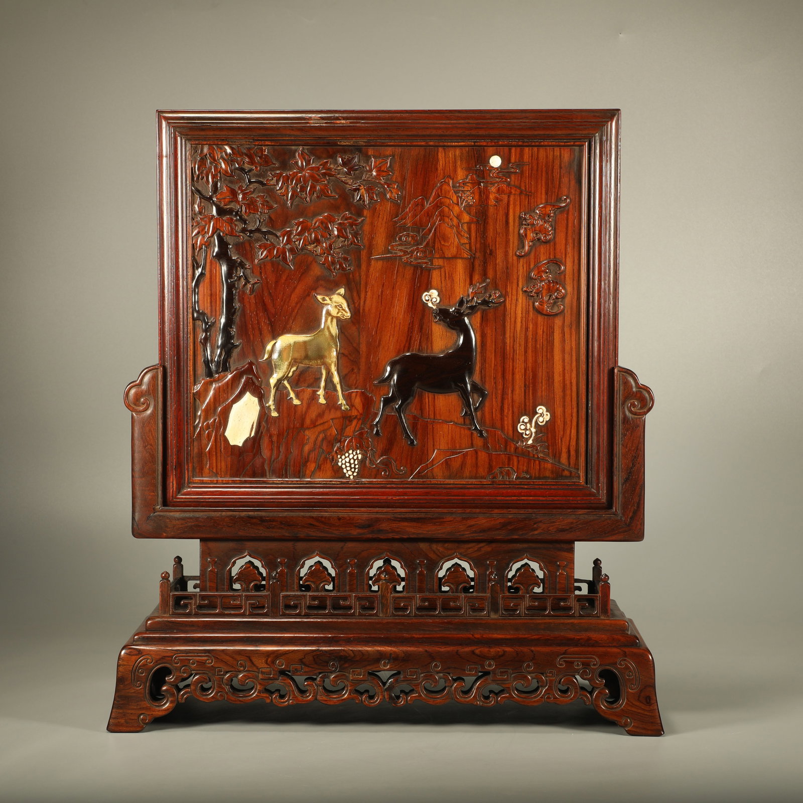 A HUANGHUALI TABLE SCREEN INLAID WITH HORN CARVED FORTUNE, PROSPERITY AND LONGEVITY MOTIFS: Huanghuali Table Screen Inlaid with Horn Carved Fortune, Prosperity and Longevity Motifs