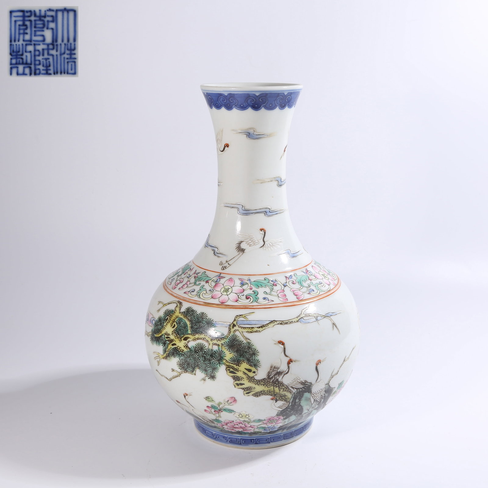 A FENCAI PINE-AND-CRANE LONGEVITY LONG-NECK VASE: Fencai Pine-and-Crane Longevity Long-Neck Vase