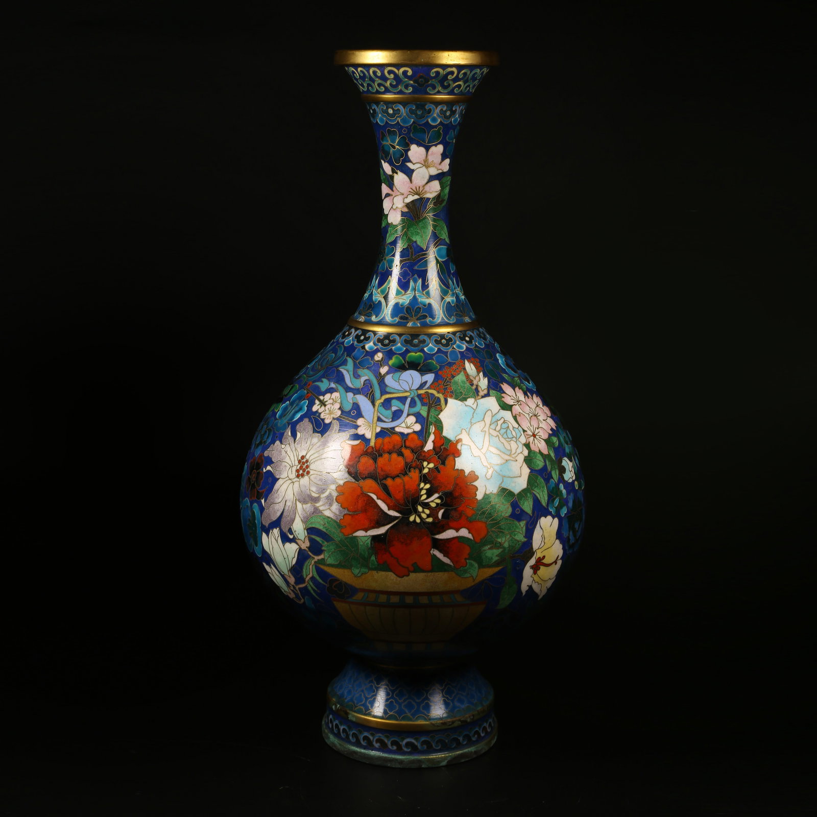 A CLOISONNÉ-ENAMEL FLORAL-PATTERNED BOTTLE ON BRONZE BASE: Cloisonné-Enamel Floral-Patterned Bottle on Bronze Base