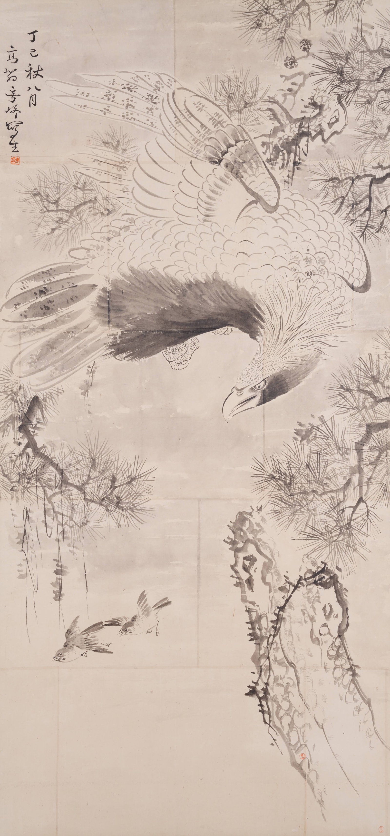 A PINE AND EAGLE PAINTING ON PAPER BY GAO QIFENG.高奇峰: Pine and Eagle Painting on Paper by Gao Qifeng.高奇峰