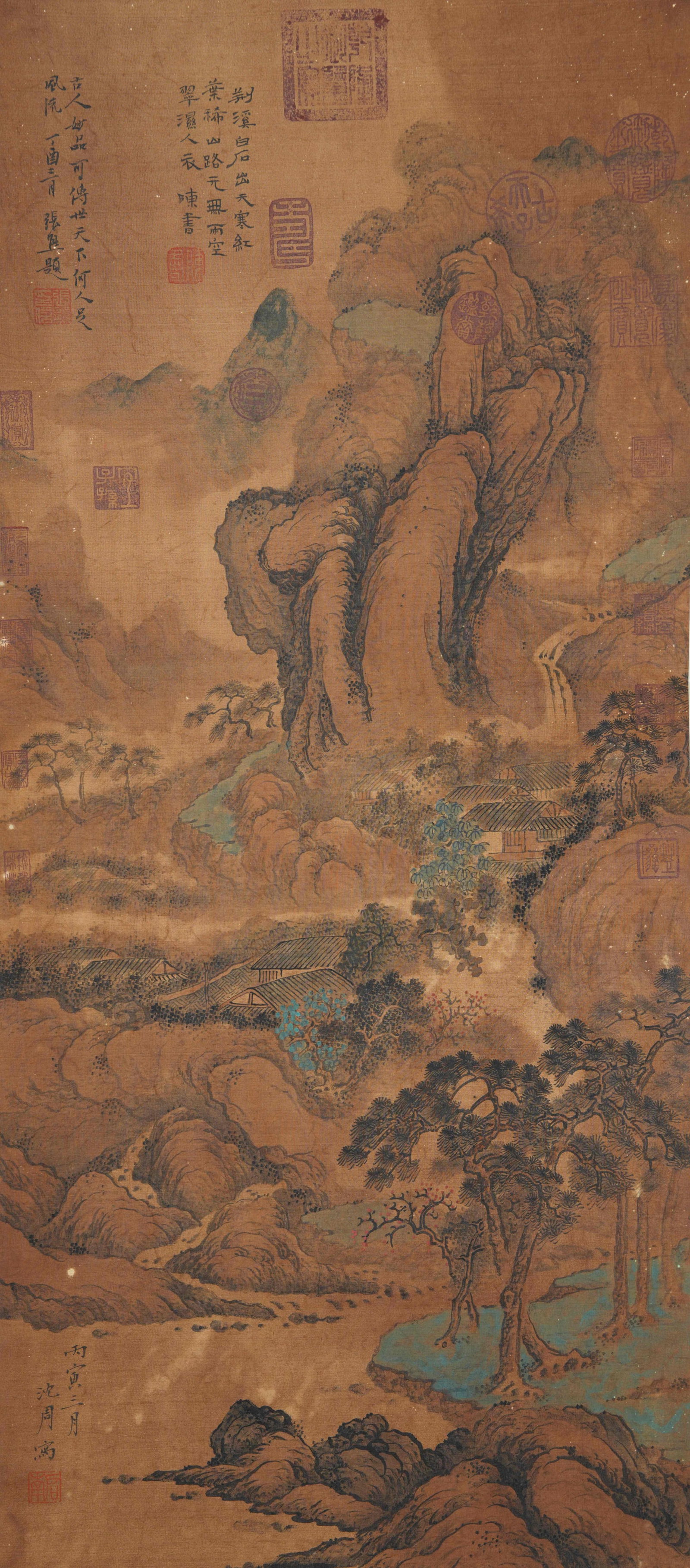 A LANDSCAPE PAINTING ON SILK BY SHEN ZHOU.沈周: Landscape Painting on Silk by Shen Zhou.沈周