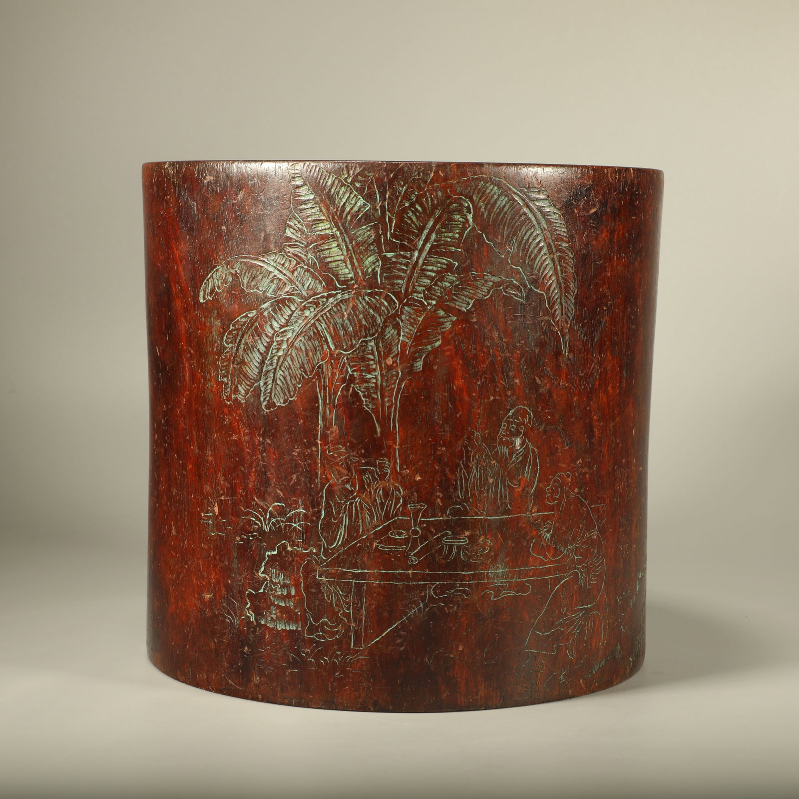 A HUANGHUALI BRUSH POT CARVED WITH PLANTAIN AND FIGURE MOTIFS (1 of 7)