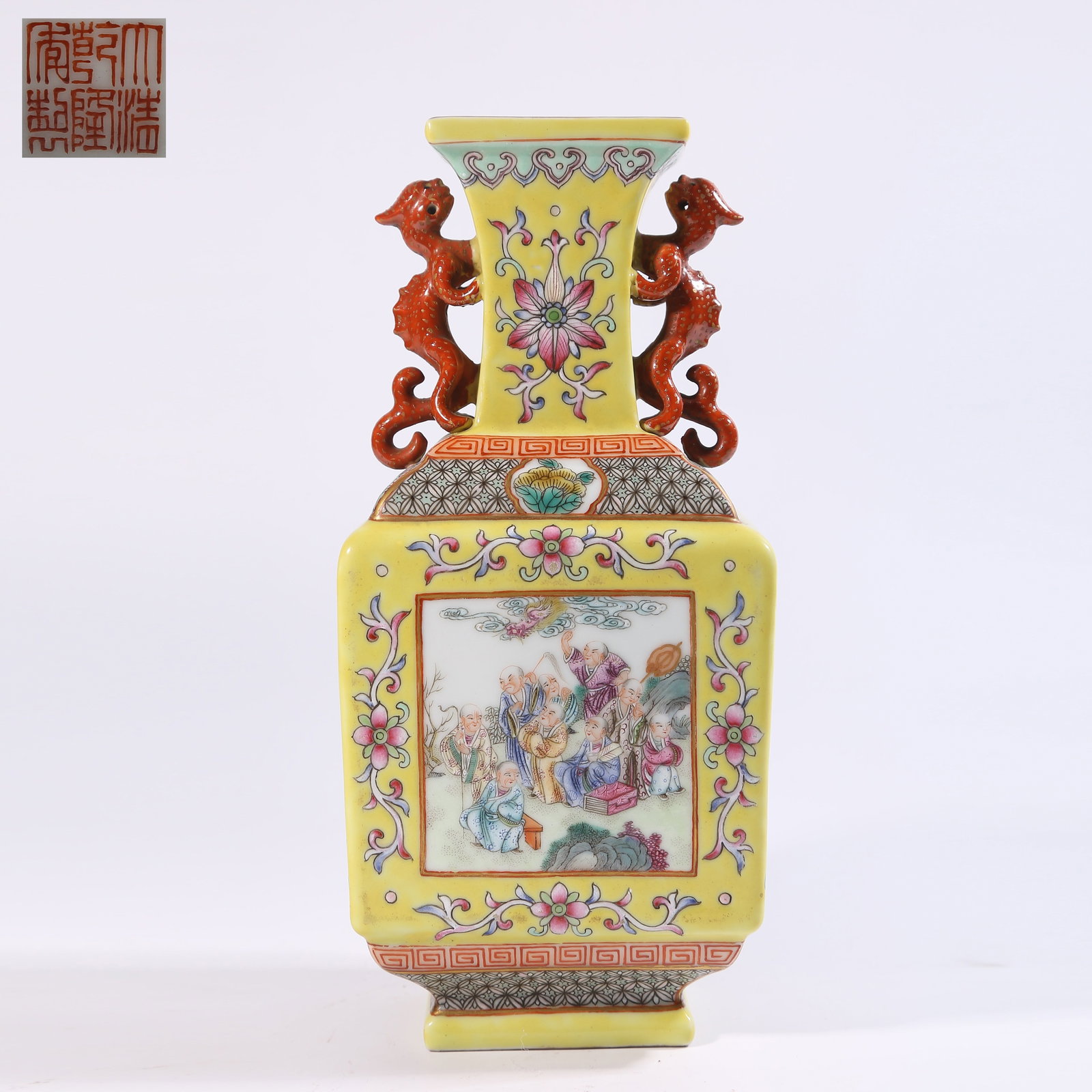A YELLOW-GROUND OPENWORK FENCAI SQUARE VASE WITH ARHAT PATTERN AND CHI-DRAGON HANDLES (1 of 10)
