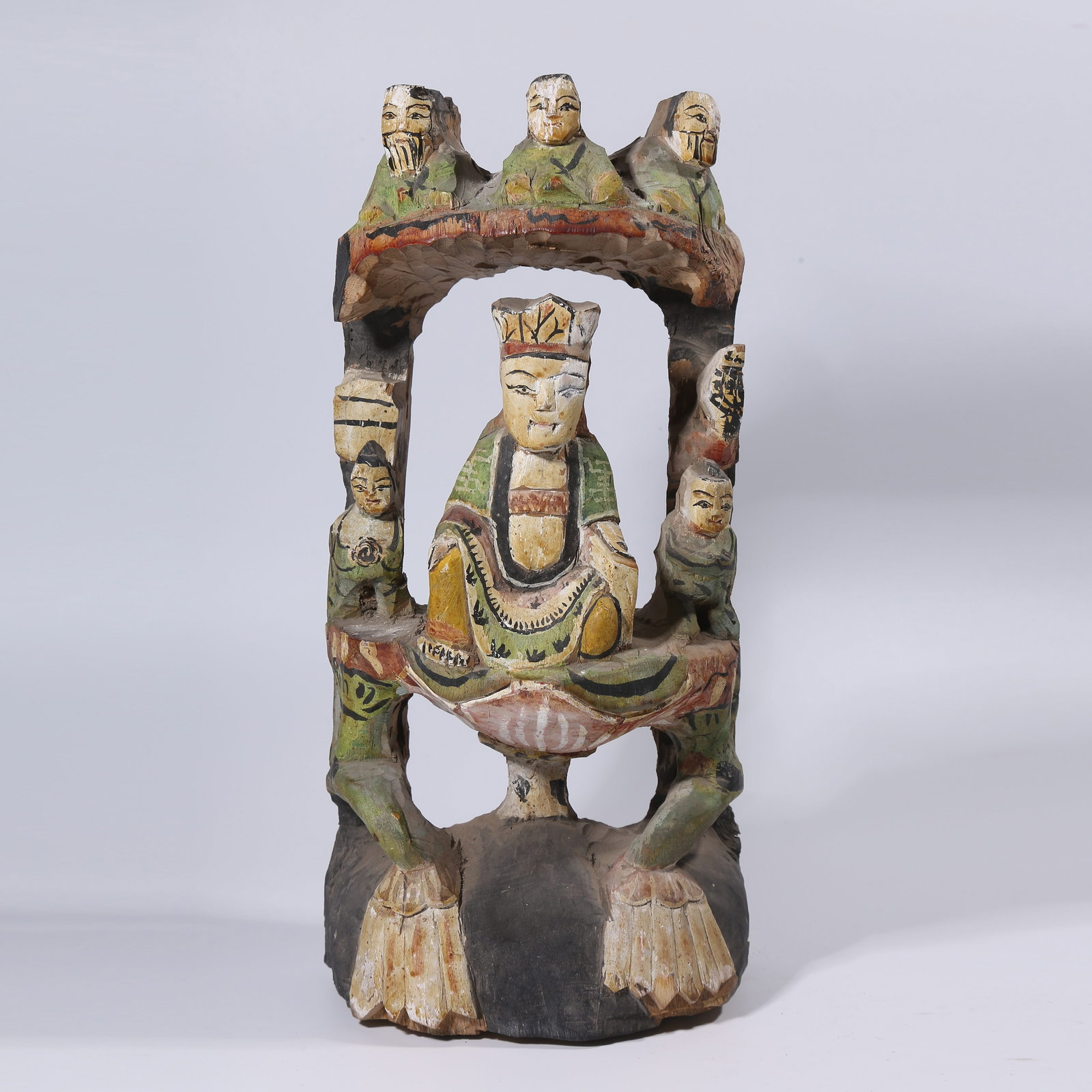 A WOOD CARVING SANCAI BUDDHA STATUE: Wood Carving Sancai Buddha Statue