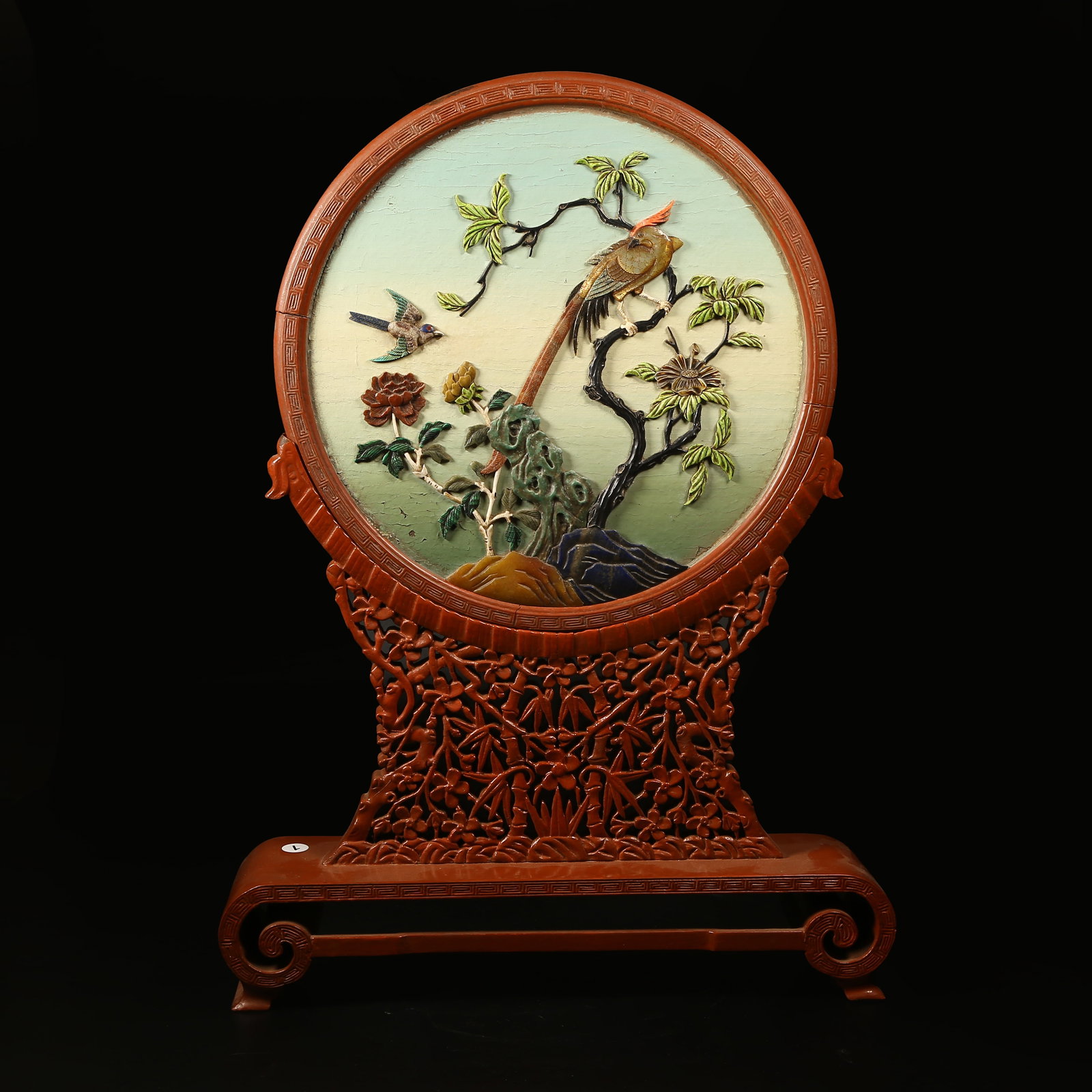 A CARVED RED LACQUER SCREEN WITH INLAID FLOWERS AND BIRDS (1 of 9)