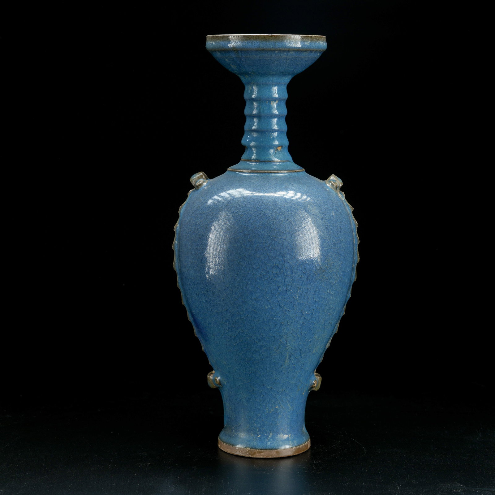 A JUN KILN GLAZED DOUBLE-HANDLED BOTTLE WITH FLARED MOUTH: Jun Kiln Glazed Double-Handled Bottle with Flared Mouth
