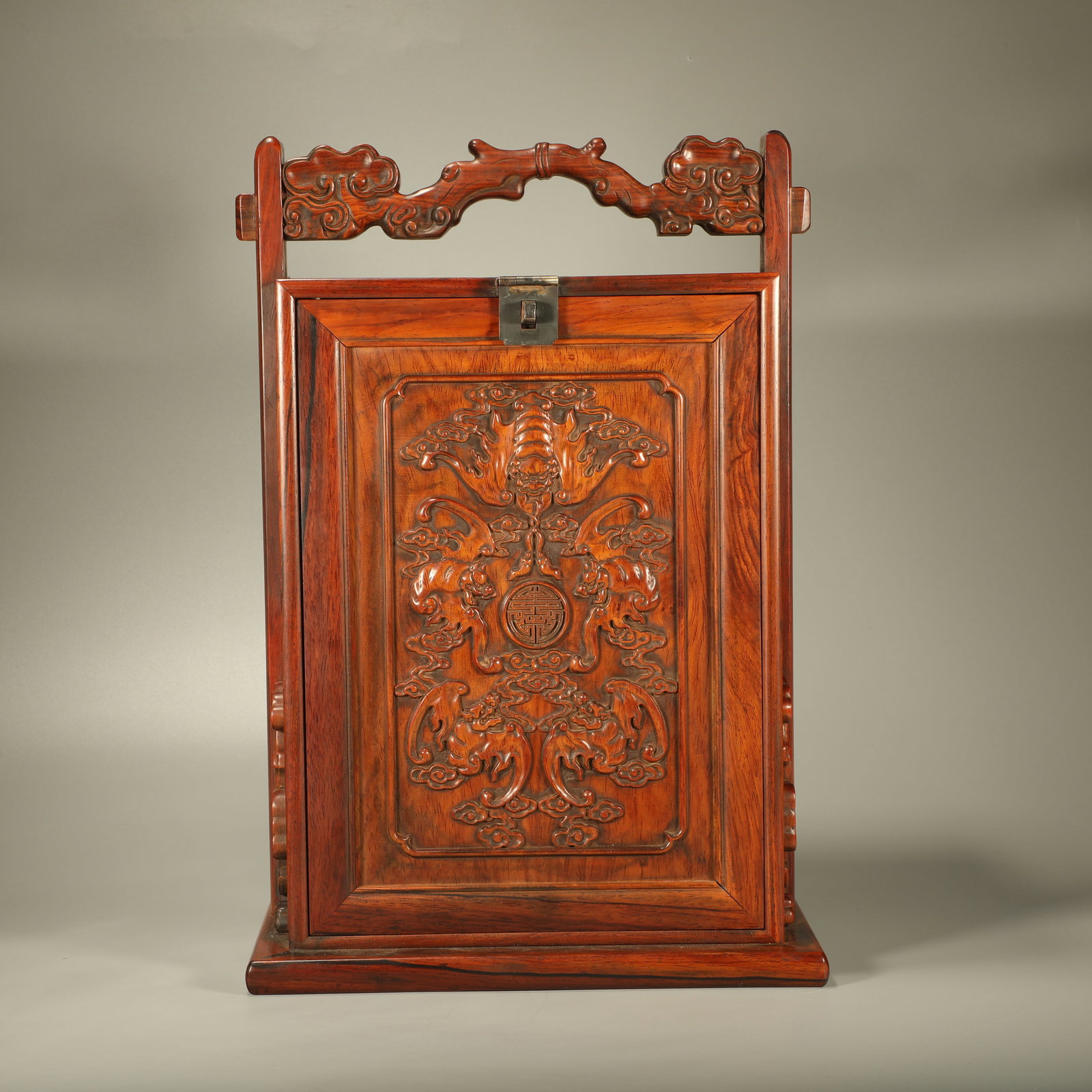 A HUANGHUALI CARVED PORTABLE BOX WITH FIVE BLESSINGS EMBRACING LONGEVITY PATTERN (1 of 7)