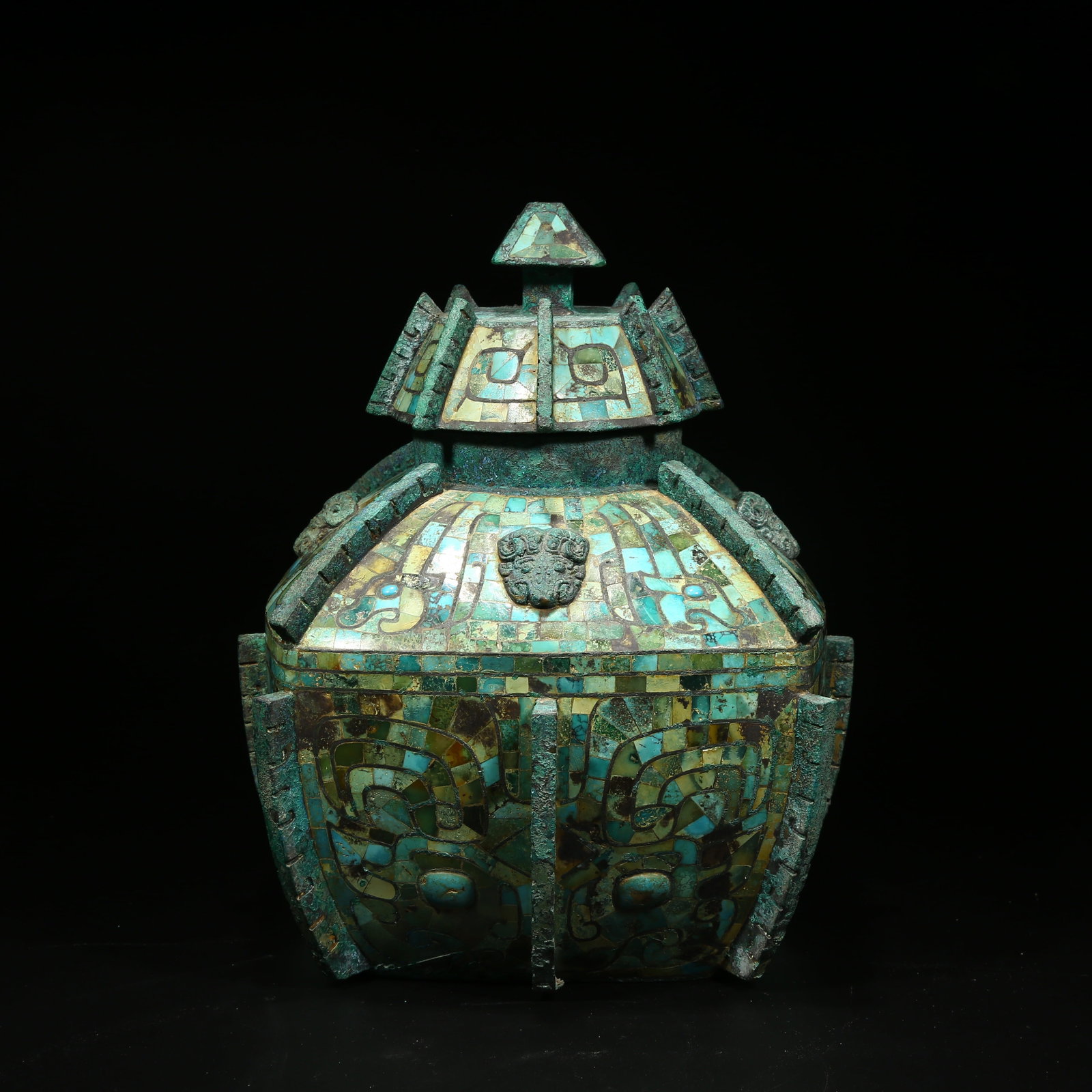 A BRONZE LEI VESSEL INLAID WITH TURQUOISE (1 of 10)